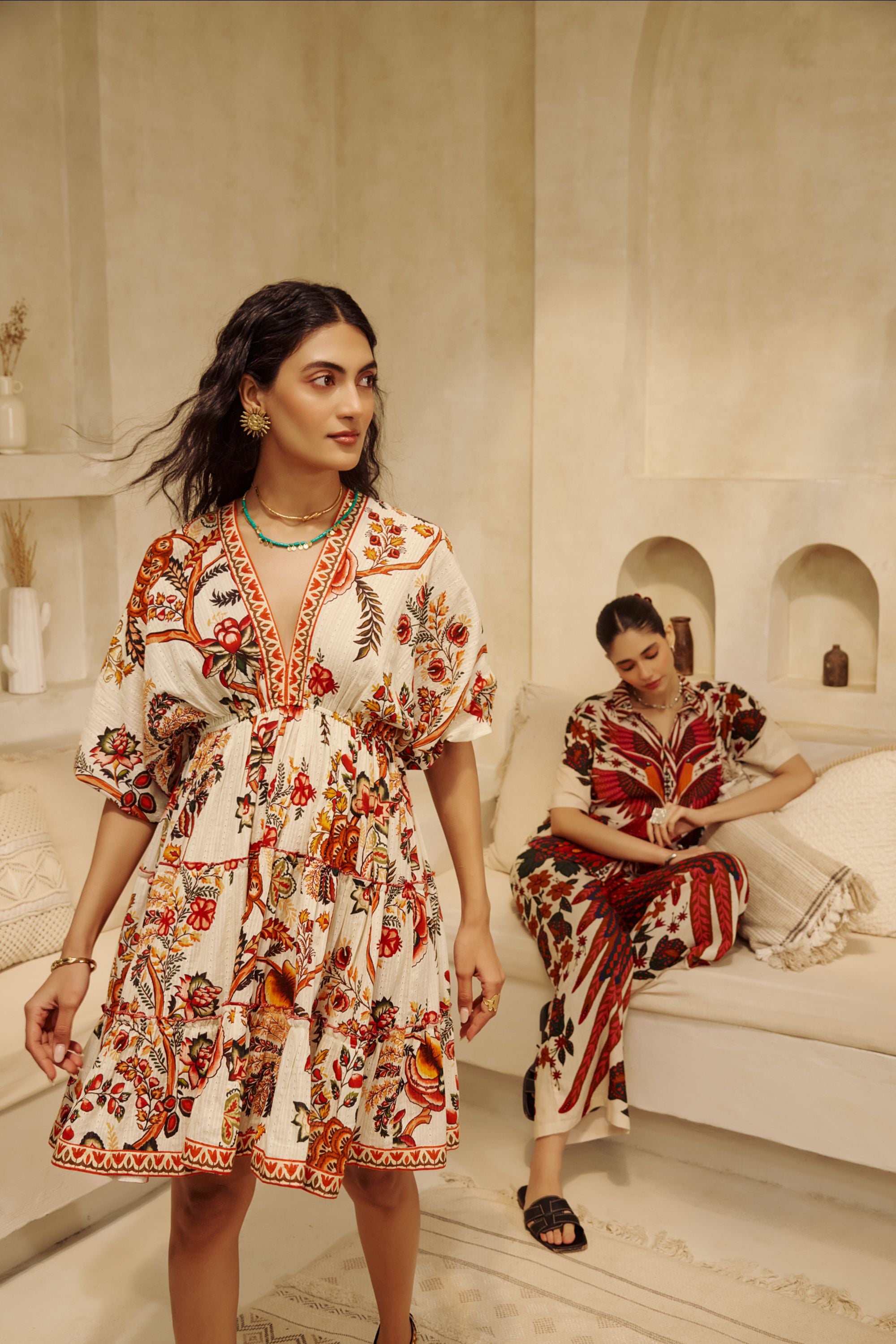 Elegance with the Floral Artisan Mini Dress.