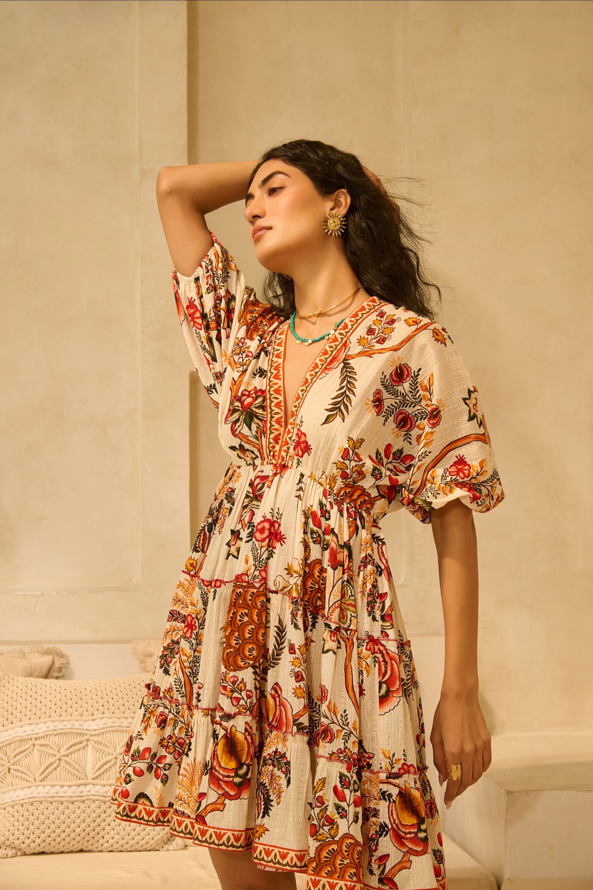 Elegance with the Floral Artisan Mini Dress.