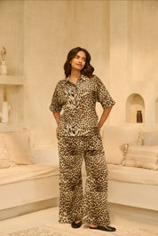 Leopard Print Relaxed Button-Down &
 Wide-Leg Trouser Set.