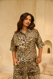 Leopard Print Relaxed Button-Down &
 Wide-Leg Trouser Set.