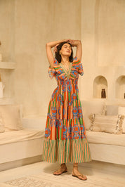 Geo-Floral Print Tiered Dress with Ruffled Sleeve