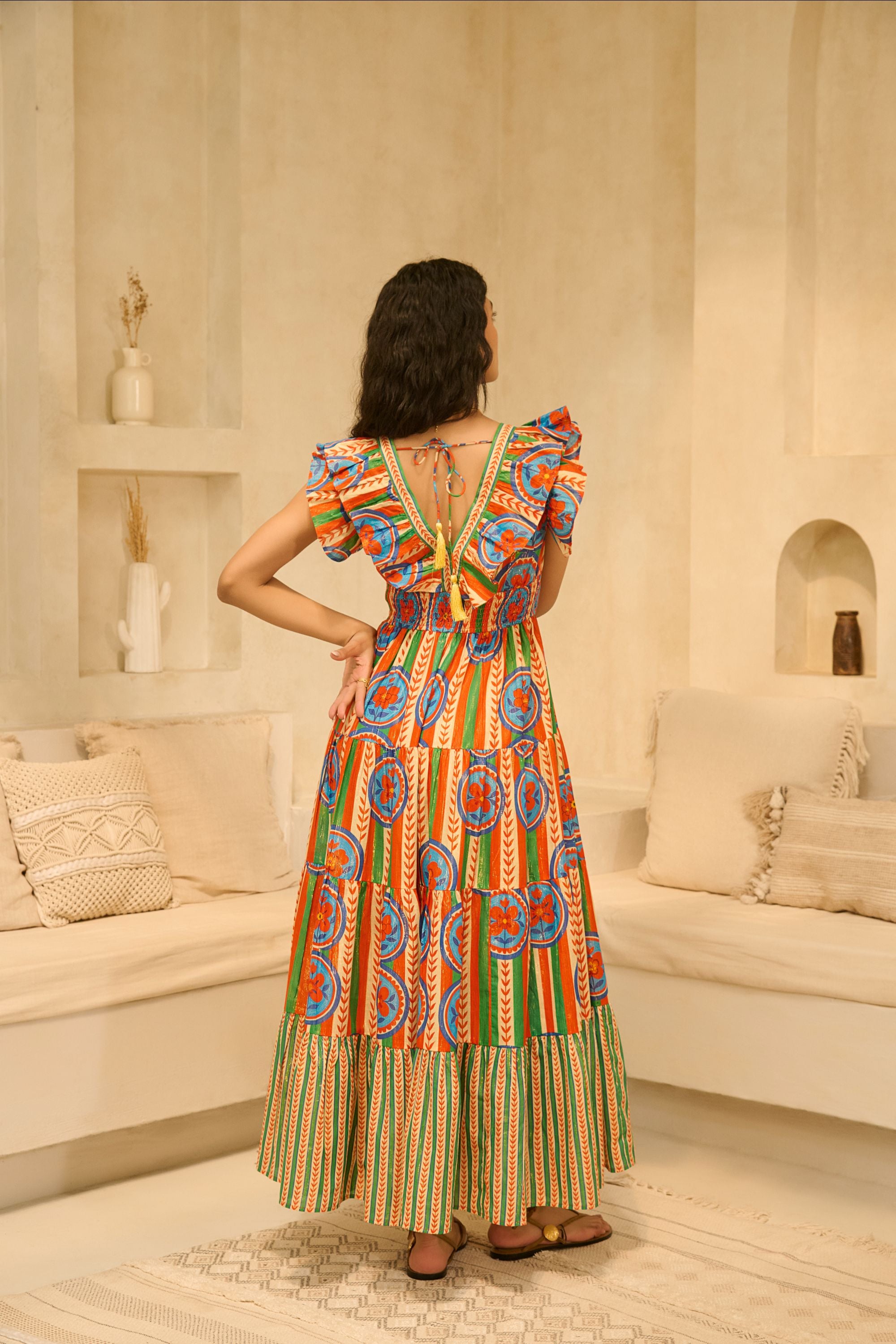 Geo-Floral Print Tiered Dress with Ruffled Sleeve