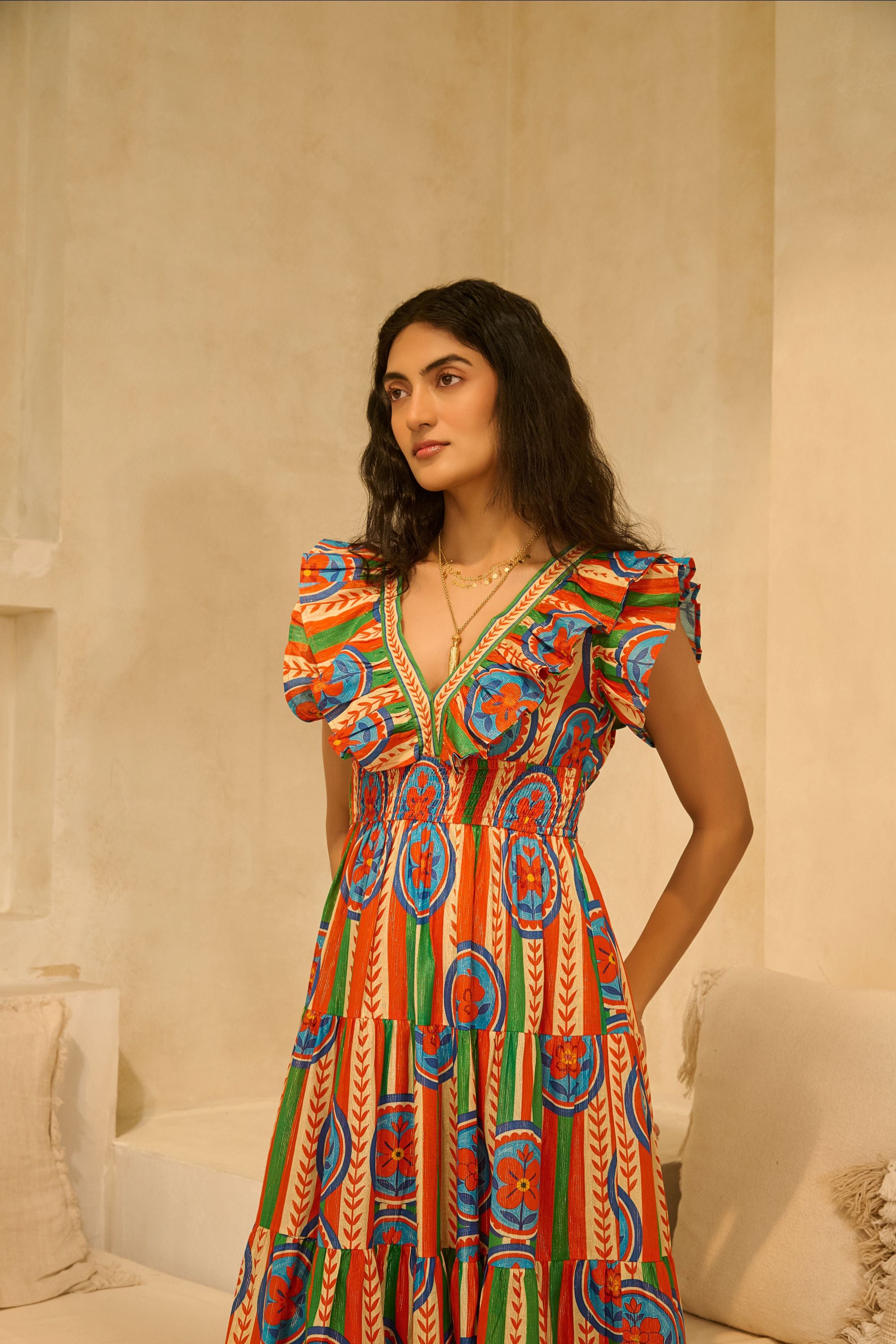 Geo-Floral Print Tiered Dress with Ruffled Sleeve