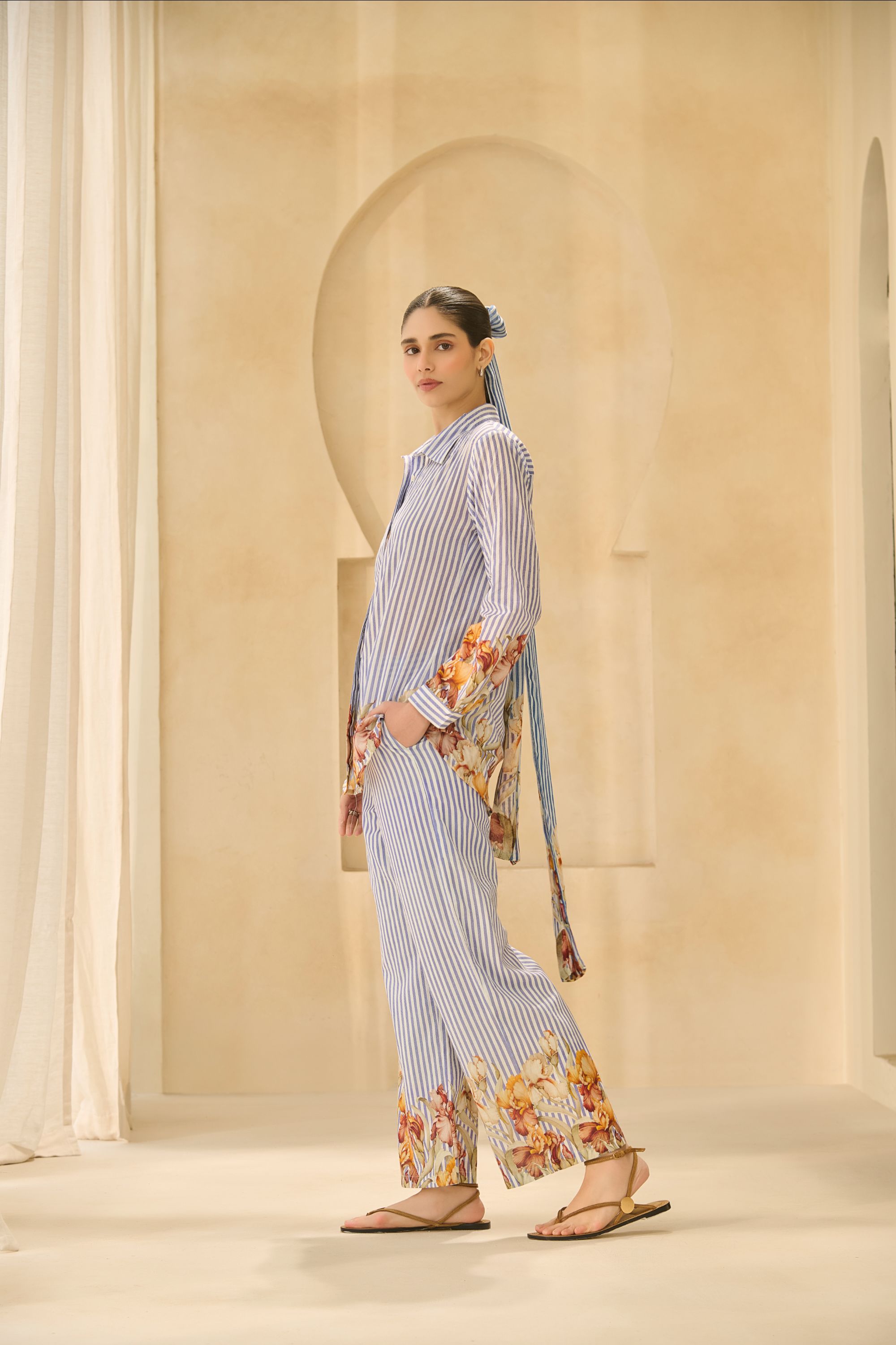 The  Floral-Accent Striped Shirt & Trouser Set.