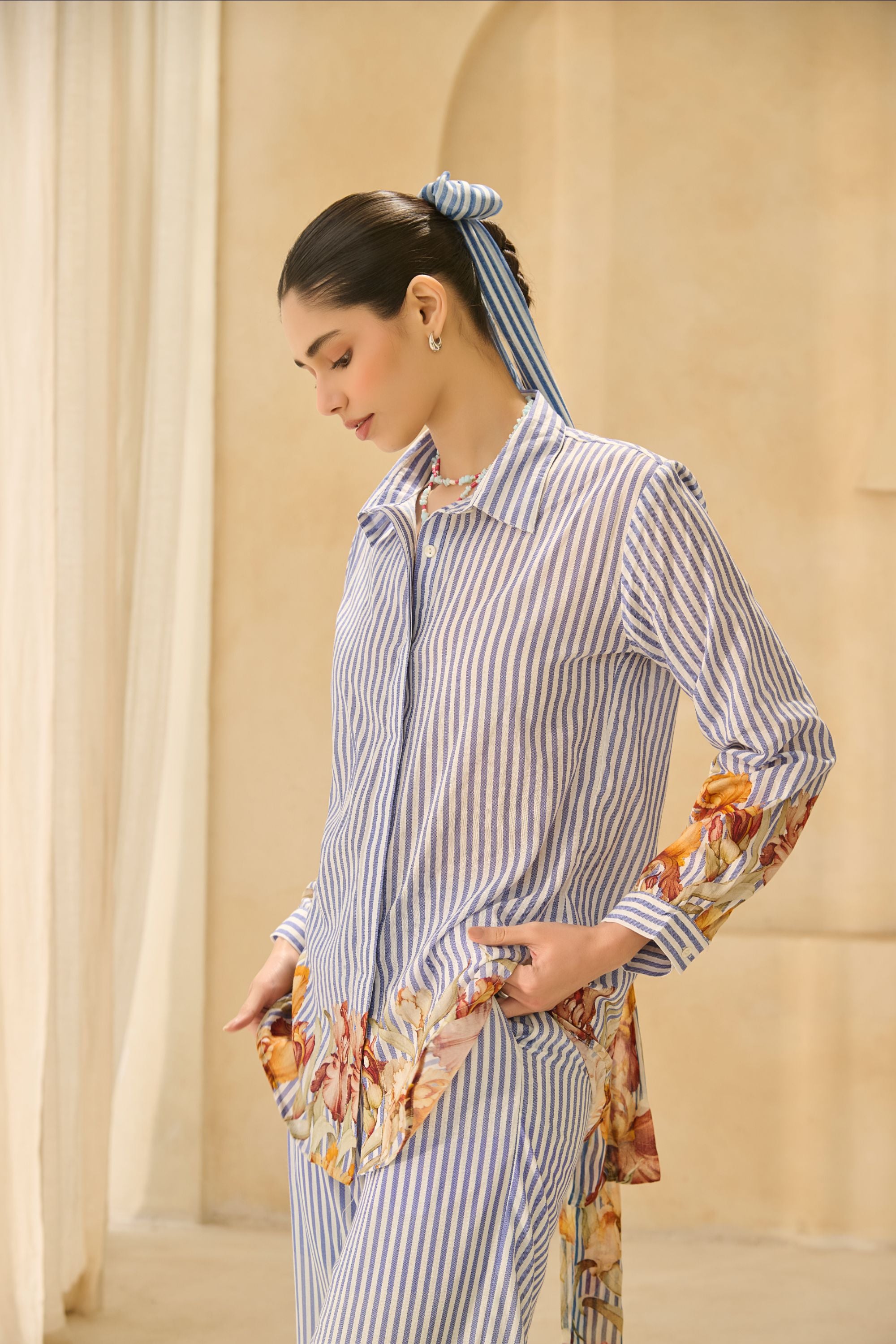 The  Floral-Accent Striped Shirt & Trouser Set.