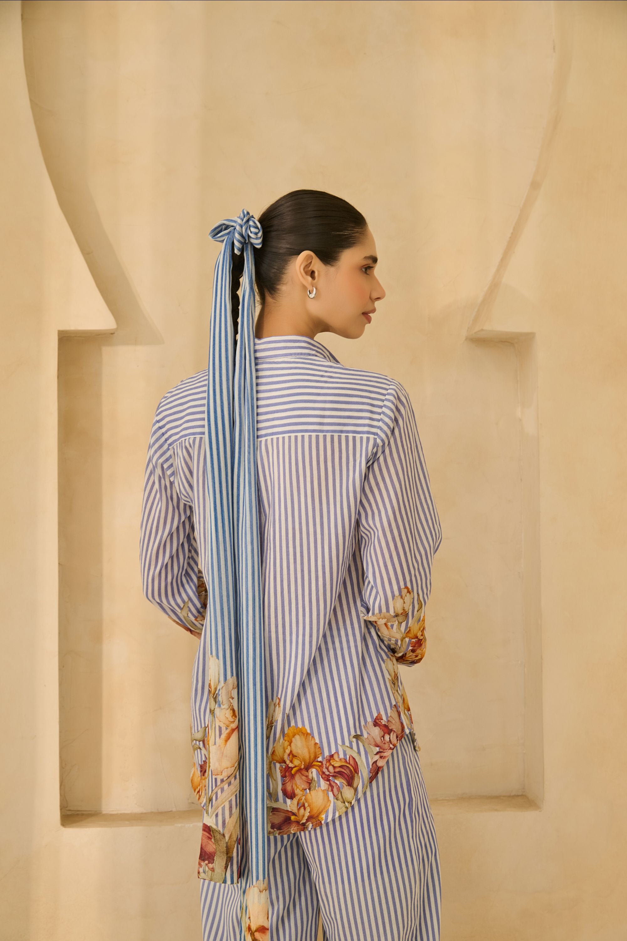 The  Floral-Accent Striped Shirt & Trouser Set.