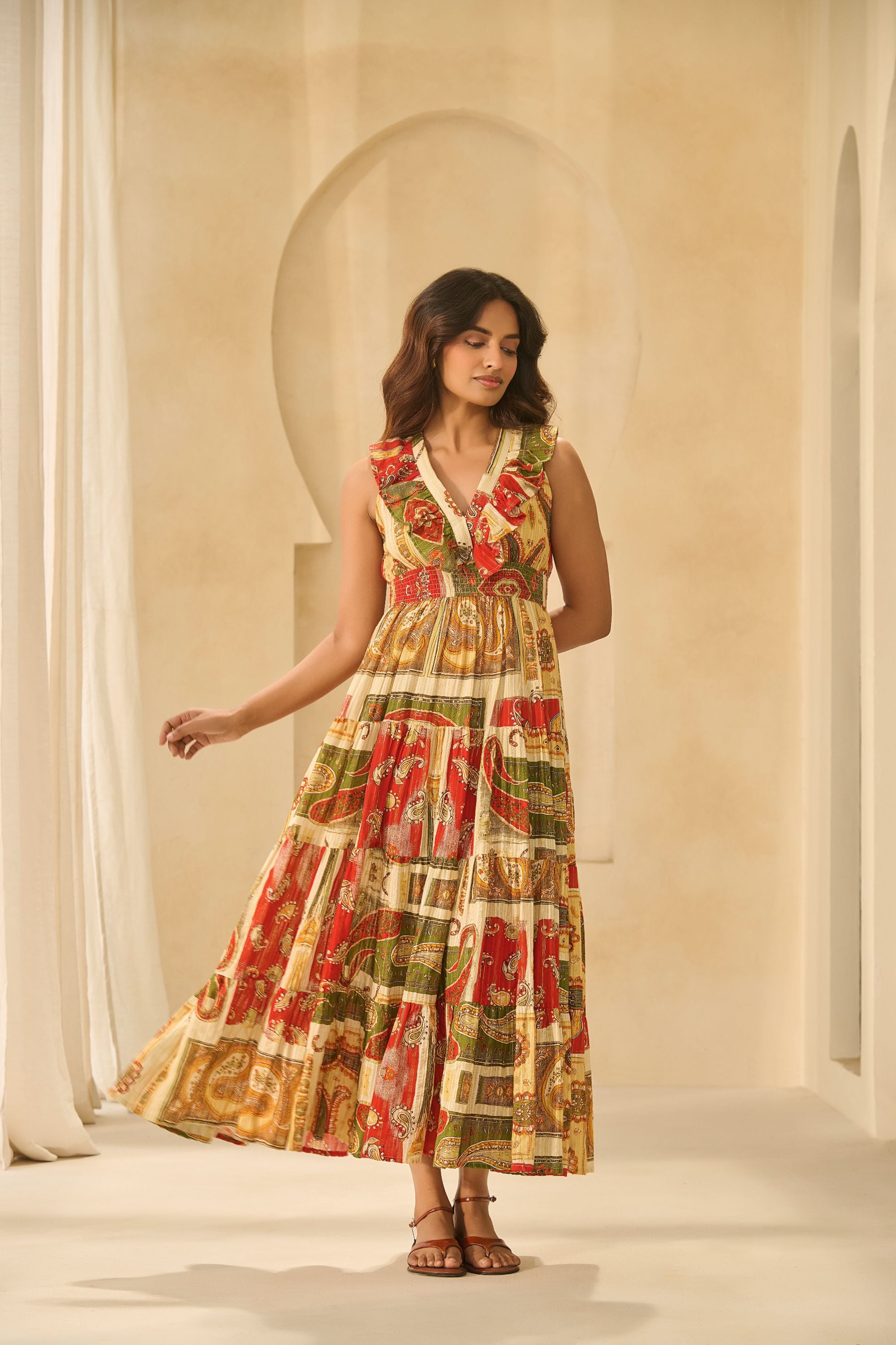Multi-Color Paisley Print Tiered Maxi Dress with Ruffled V-Neck