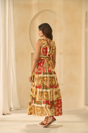 Multi-Color Paisley Print Tiered Maxi Dress with Ruffled V-Neck