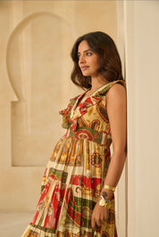 Multi-Color Paisley Print Tiered Maxi Dress with Ruffled V-Neck