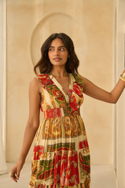 Multi-Color Paisley Print Tiered Maxi Dress with Ruffled V-Neck