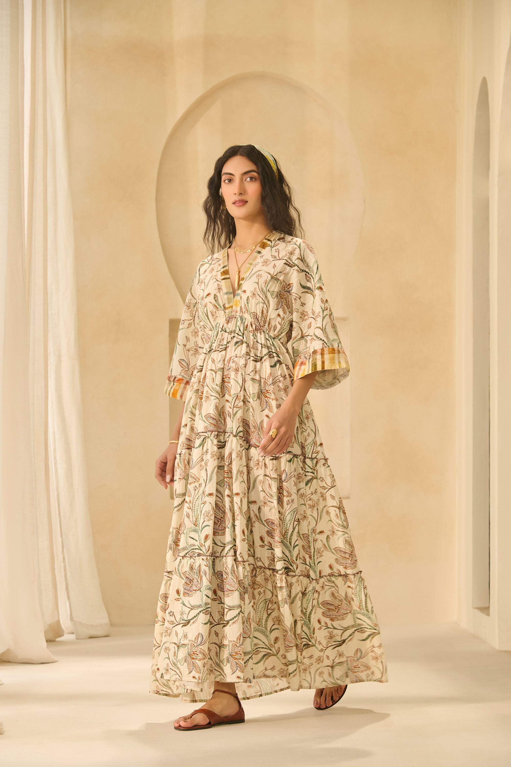 Cream Floral Printed Tiered Cotton Anarkali Maxi Dress