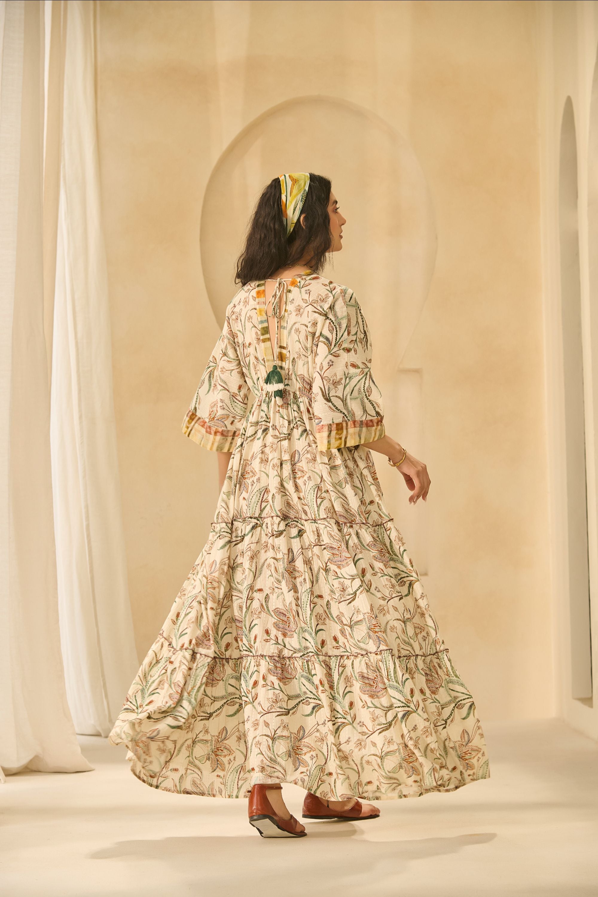 Cream Floral Printed Tiered Cotton Anarkali Maxi Dress