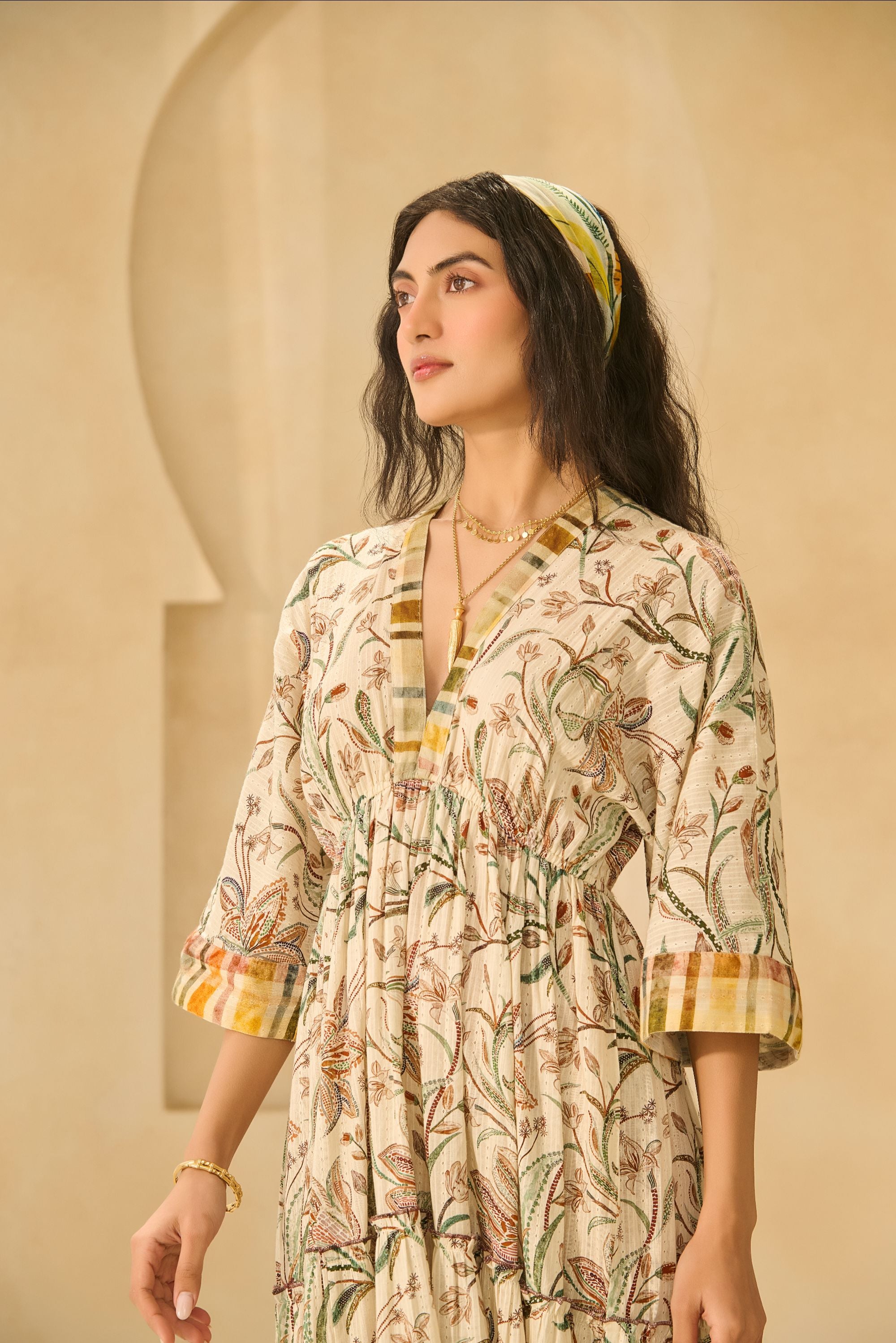 Cream Floral Printed Tiered Cotton Anarkali Maxi Dress