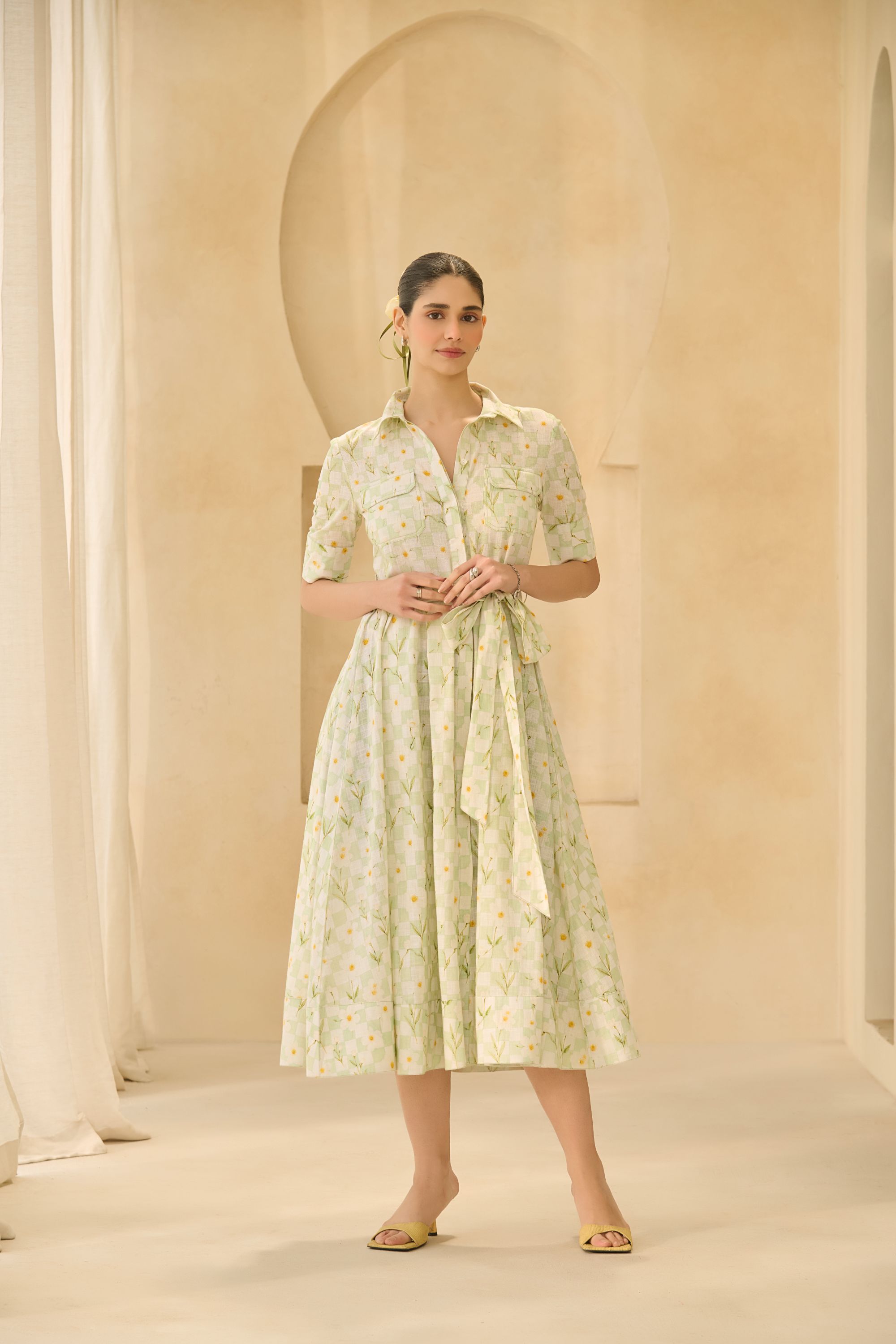 Floral Check Button-Down Dress 
with Matching Belt.