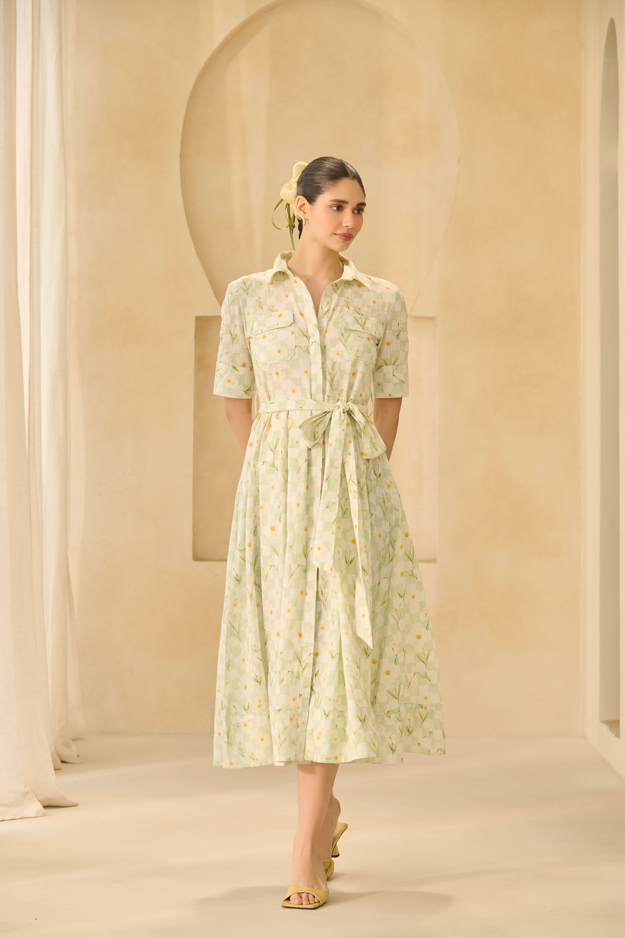 Floral Check Button-Down Dress 
with Matching Belt.