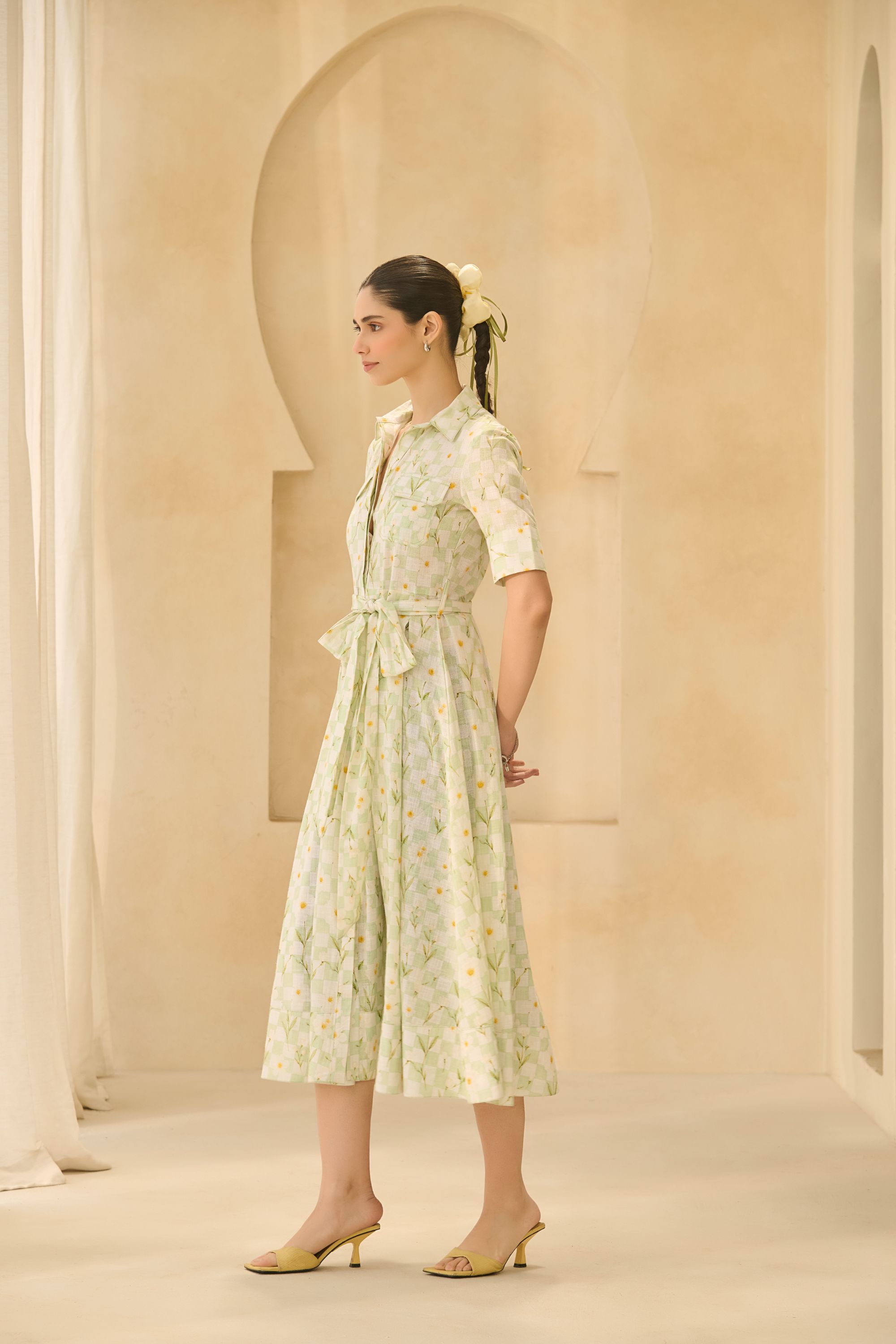 Floral Check Button-Down Dress 
with Matching Belt.