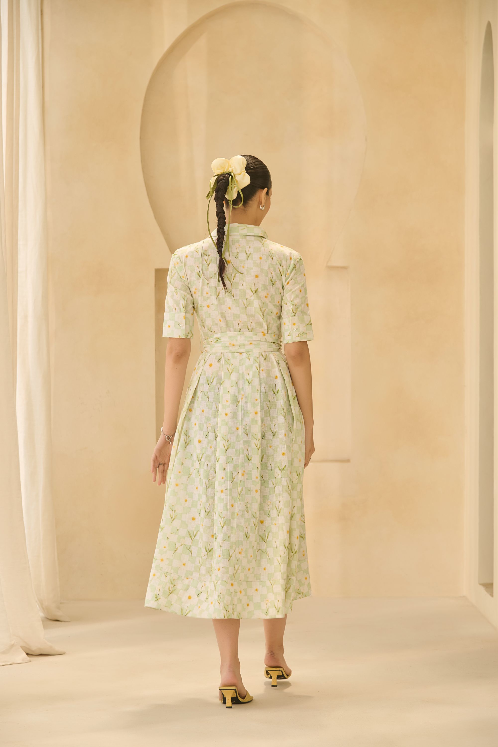 Floral Check Button-Down Dress 
with Matching Belt.