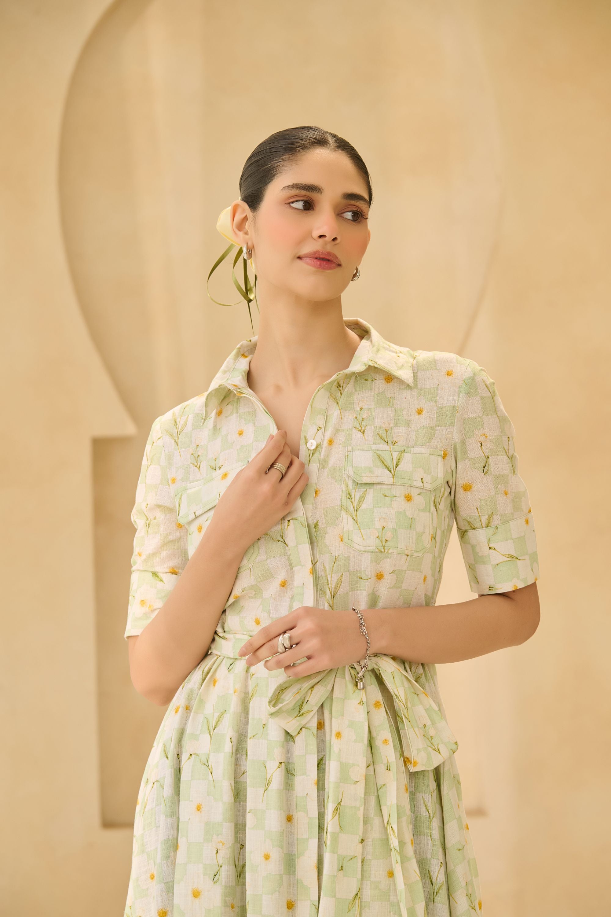 Floral Check Button-Down Dress 
with Matching Belt.