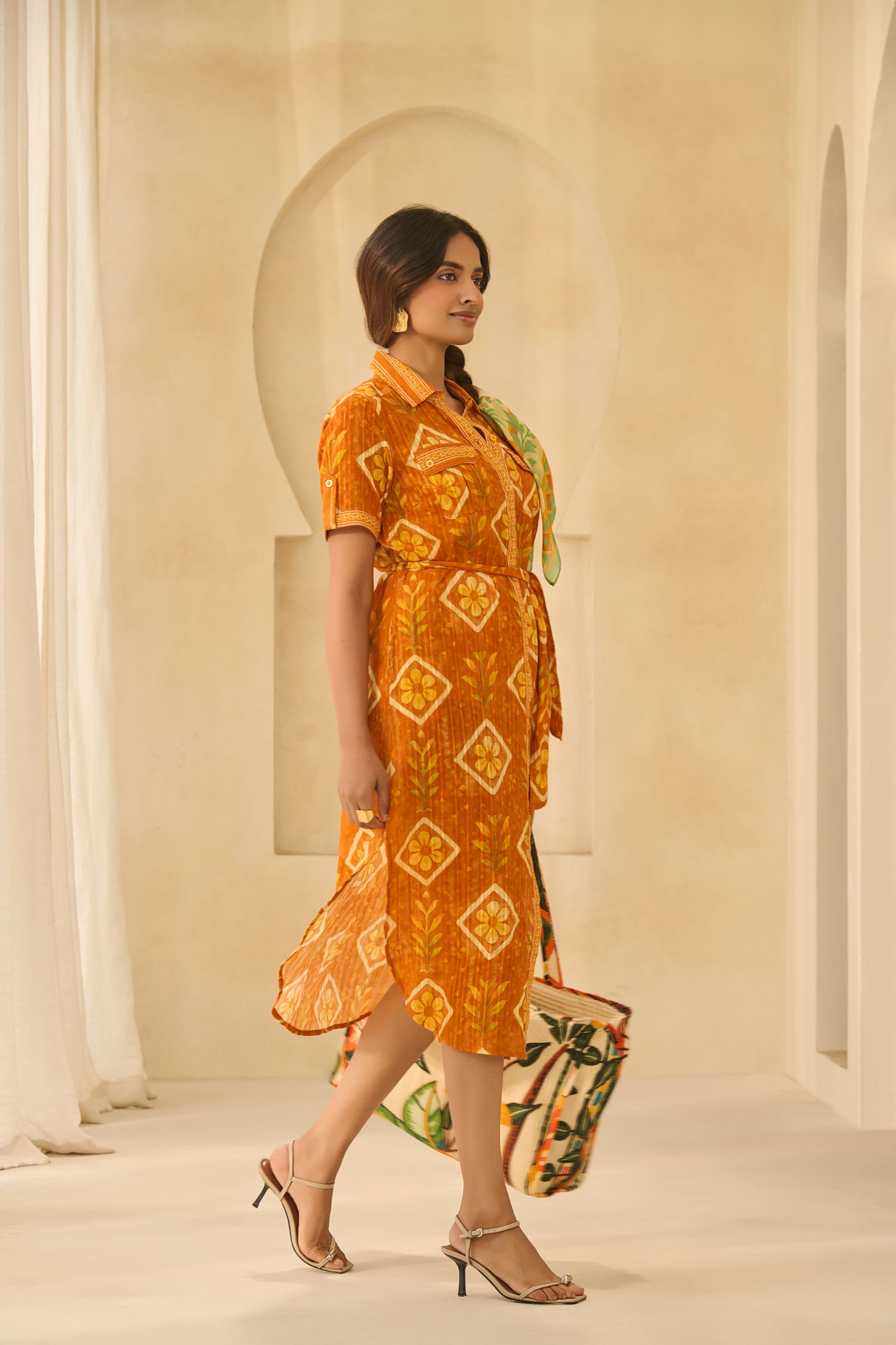 Ethnic Fusion Mustard Shirt Dress 
with Side Slits & Belt.