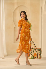 Ethnic Fusion Mustard Shirt Dress 
with Side Slits & Belt.
