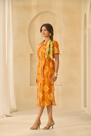 Ethnic Fusion Mustard Shirt Dress 
with Side Slits & Belt.