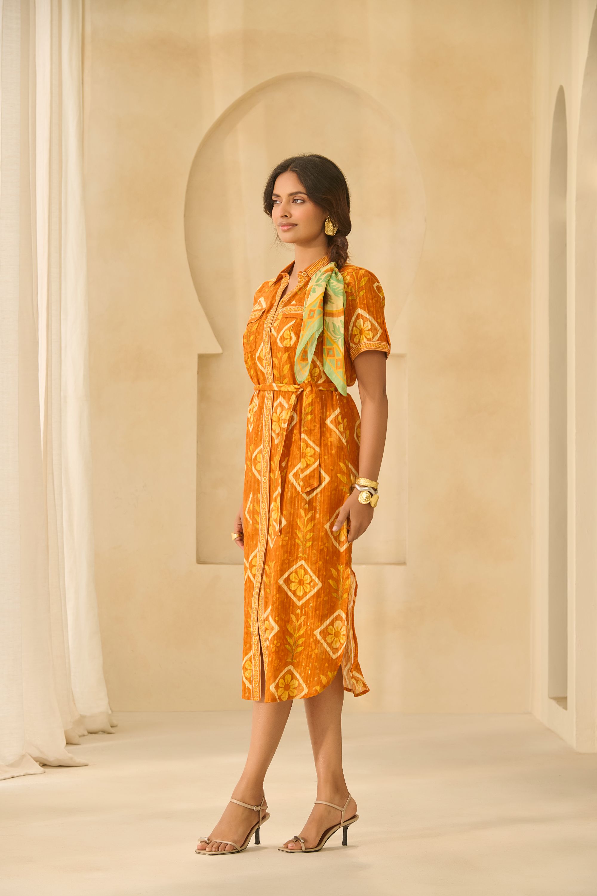 Ethnic Fusion Mustard Shirt Dress 
with Side Slits & Belt.