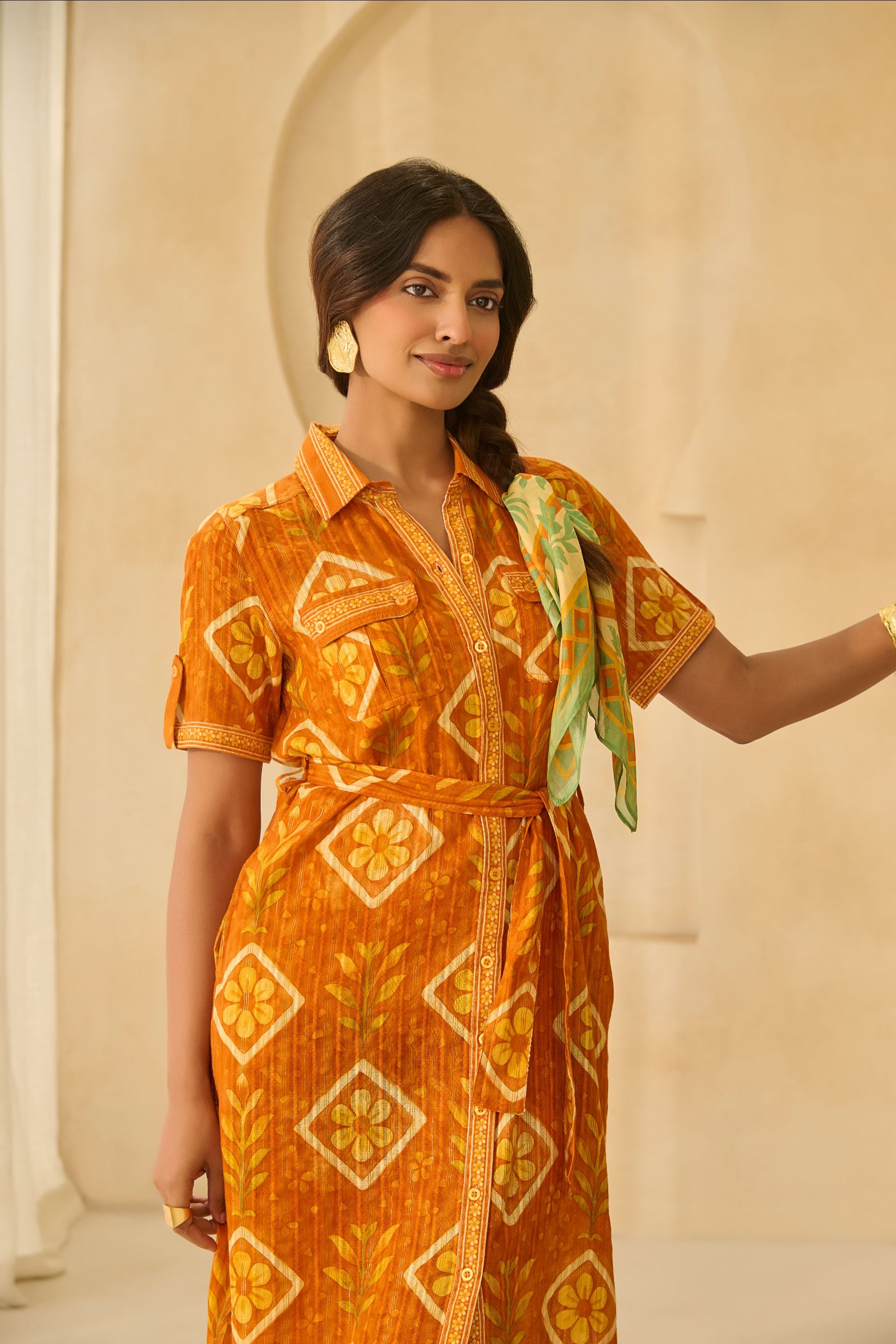 Ethnic Fusion Mustard Shirt Dress 
with Side Slits & Belt.