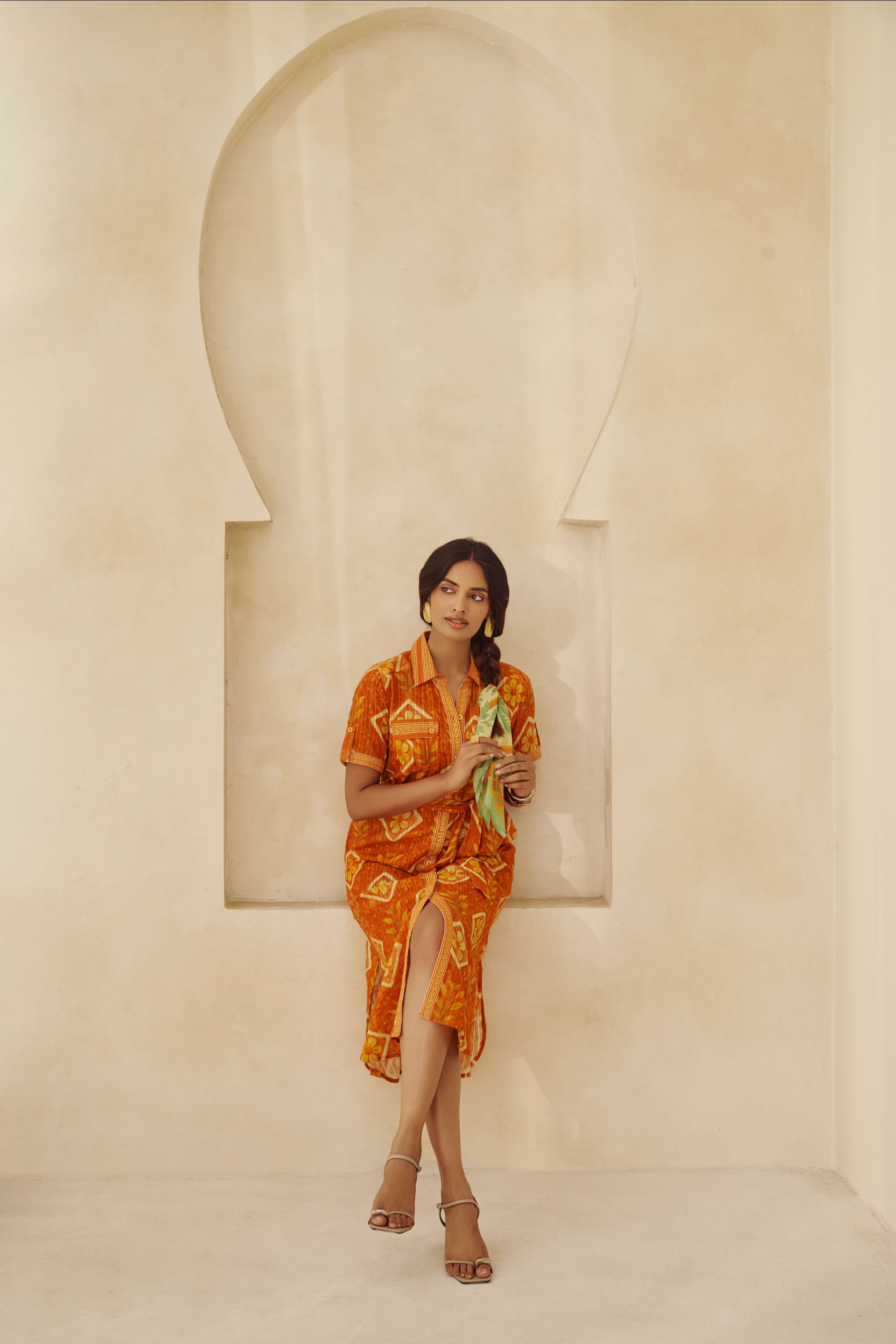 Ethnic Fusion Mustard Shirt Dress 
with Side Slits & Belt.