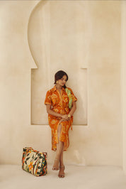 Ethnic Fusion Mustard Shirt Dress 
with Side Slits & Belt.