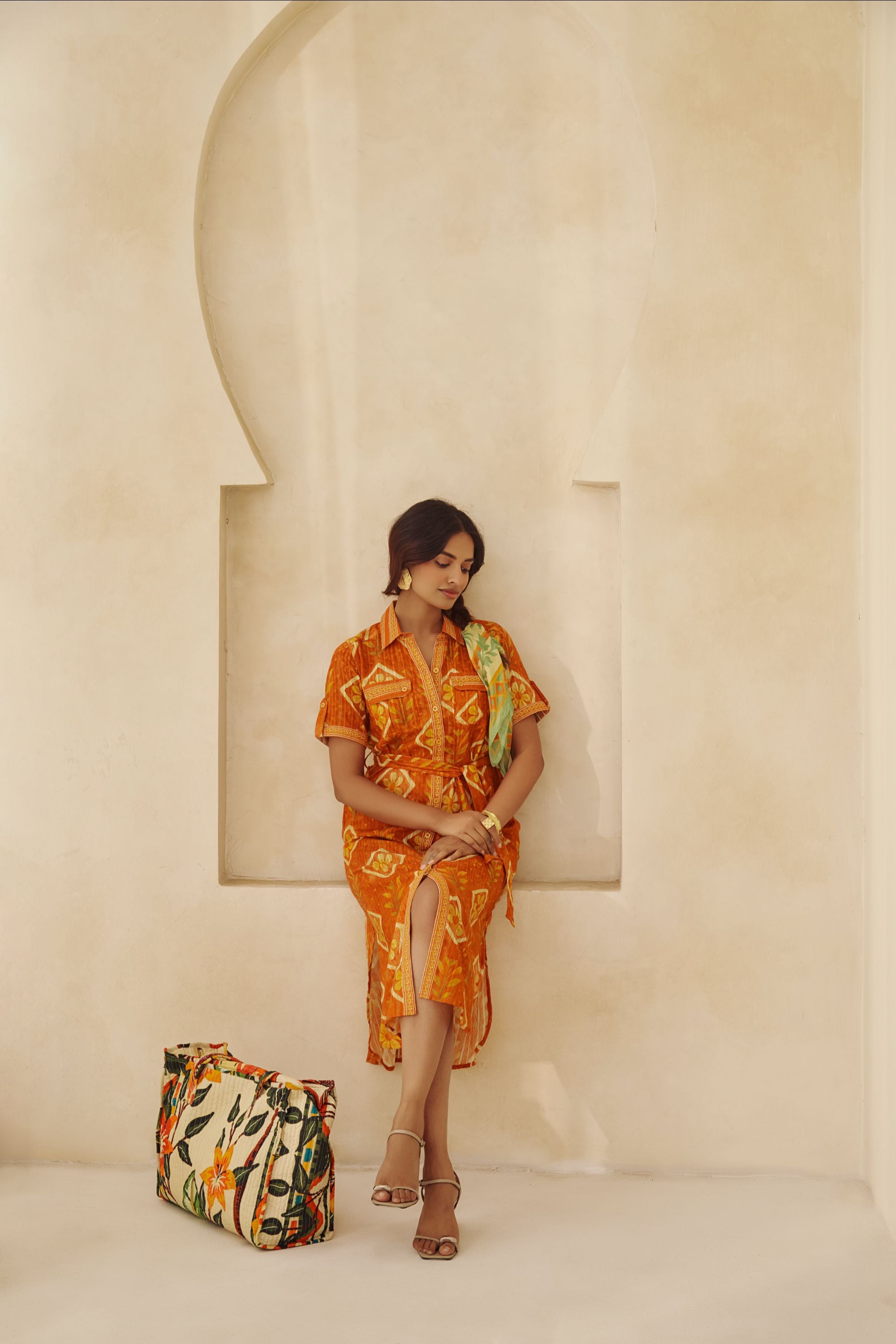 Ethnic Fusion Mustard Shirt Dress 
with Side Slits & Belt.