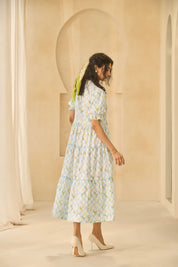 Printed Blue Gingham Tiered Cotton 
Midi Dress with Floral Accents