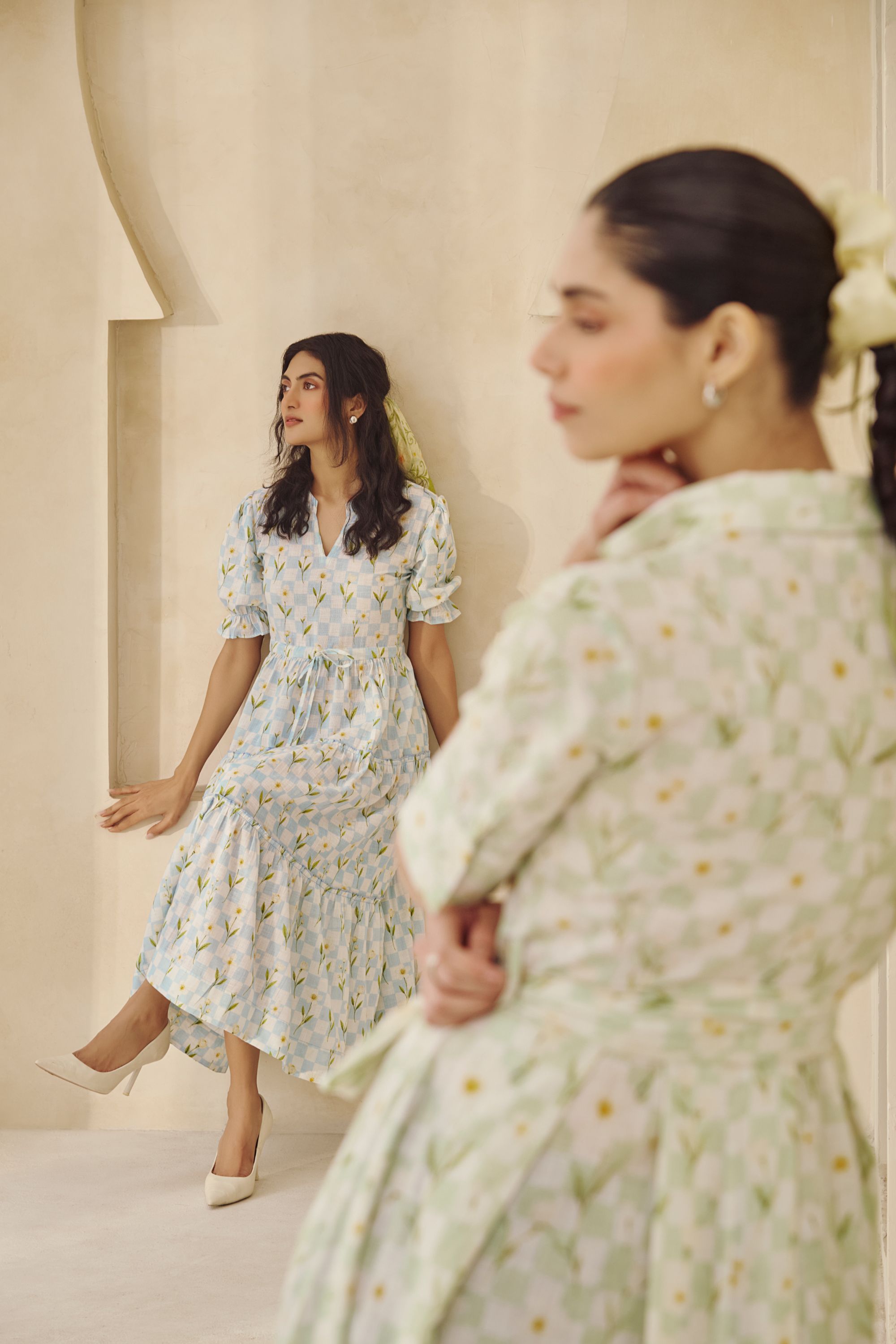 Printed Blue Gingham Tiered Cotton 
Midi Dress with Floral Accents
