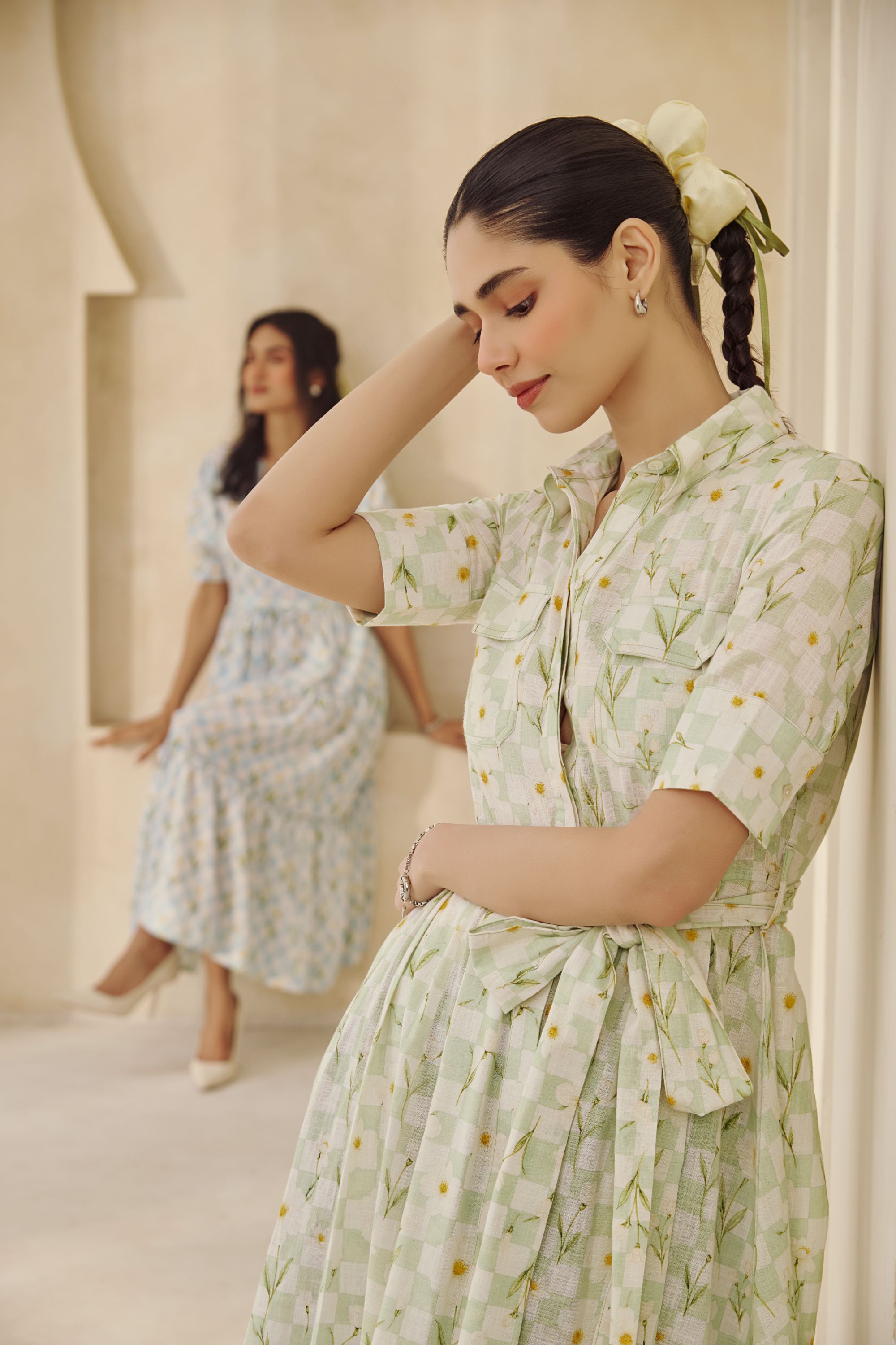 Printed Blue Gingham Tiered Cotton 
Midi Dress with Floral Accents