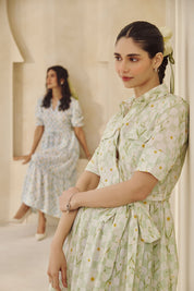 Printed Blue Gingham Tiered Cotton 
Midi Dress with Floral Accents