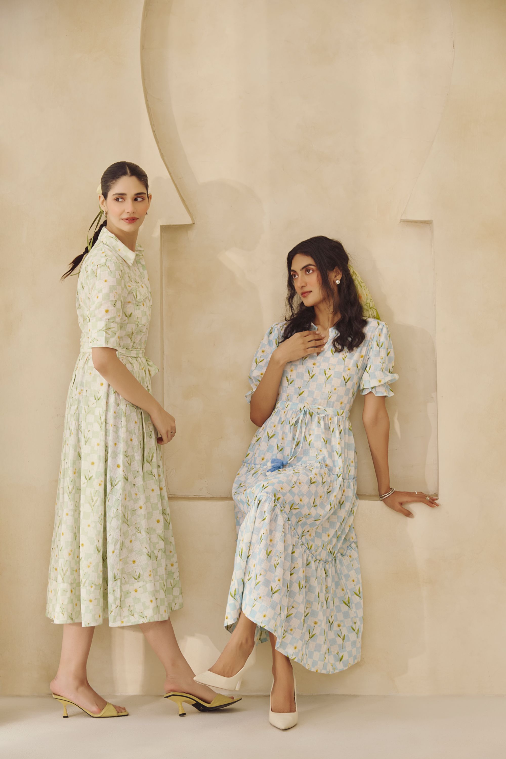 Printed Blue Gingham Tiered Cotton 
Midi Dress with Floral Accents