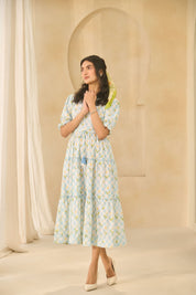 Printed Blue Gingham Tiered Cotton 
Midi Dress with Floral Accents