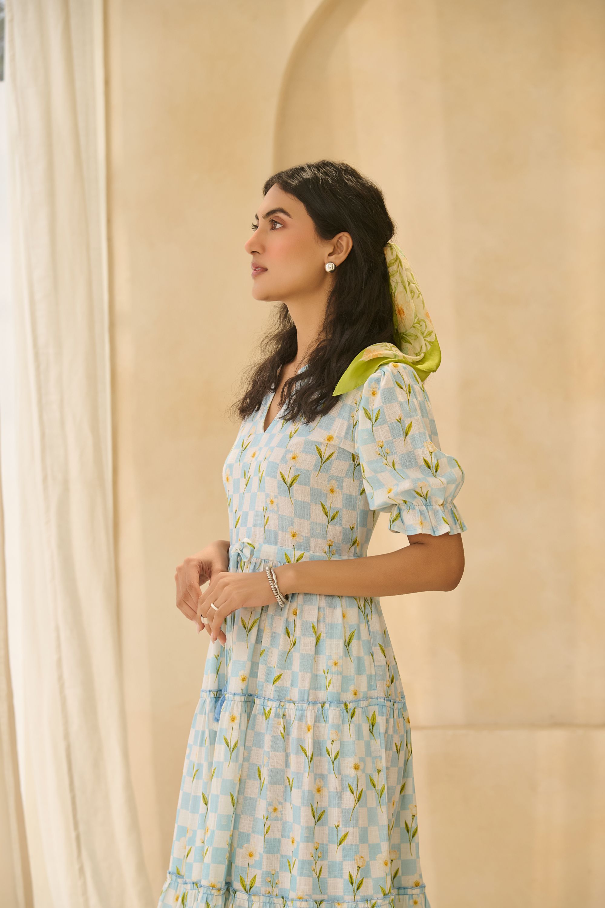 Printed Blue Gingham Tiered Cotton 
Midi Dress with Floral Accents