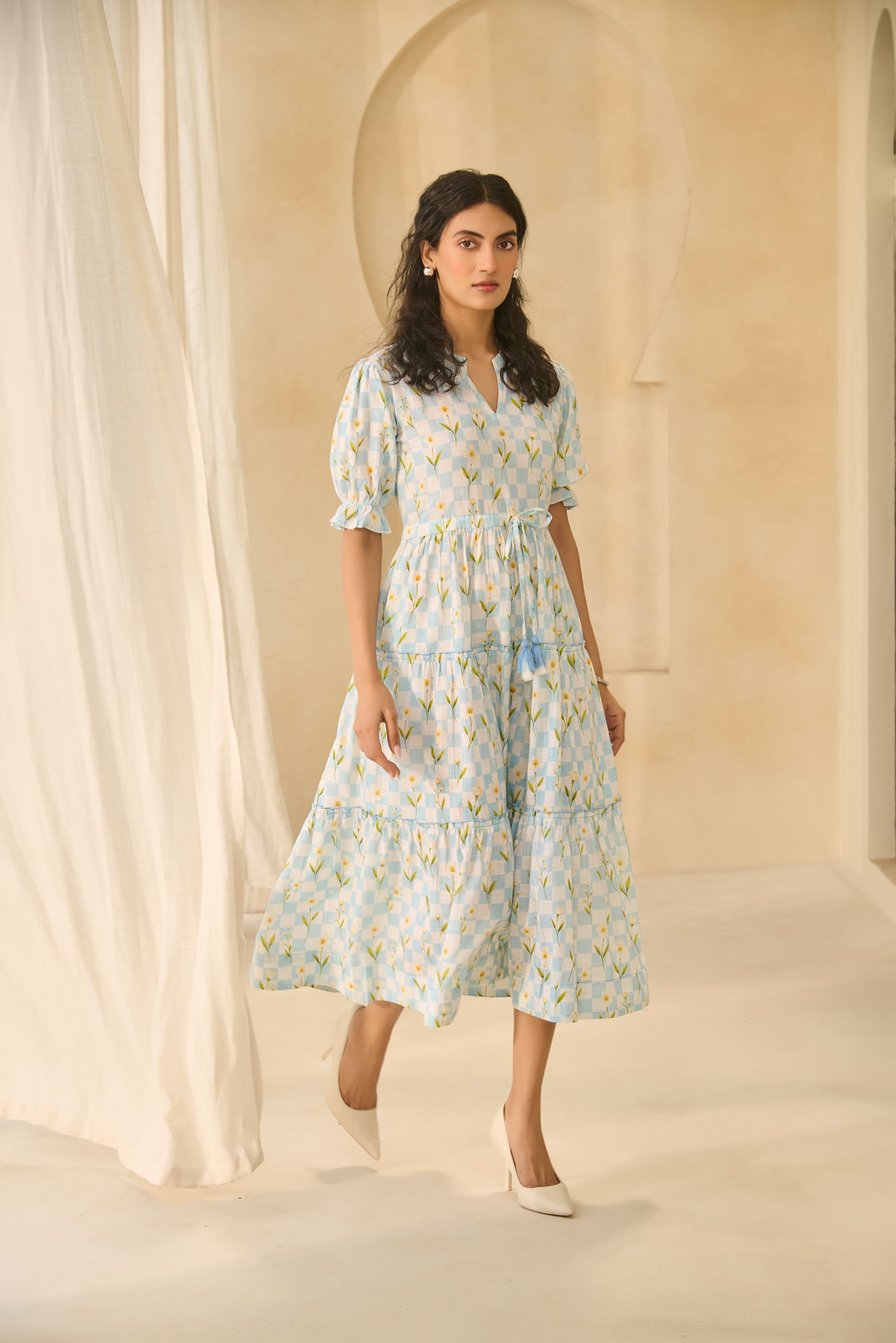 Printed Blue Gingham Tiered Cotton 
Midi Dress with Floral Accents