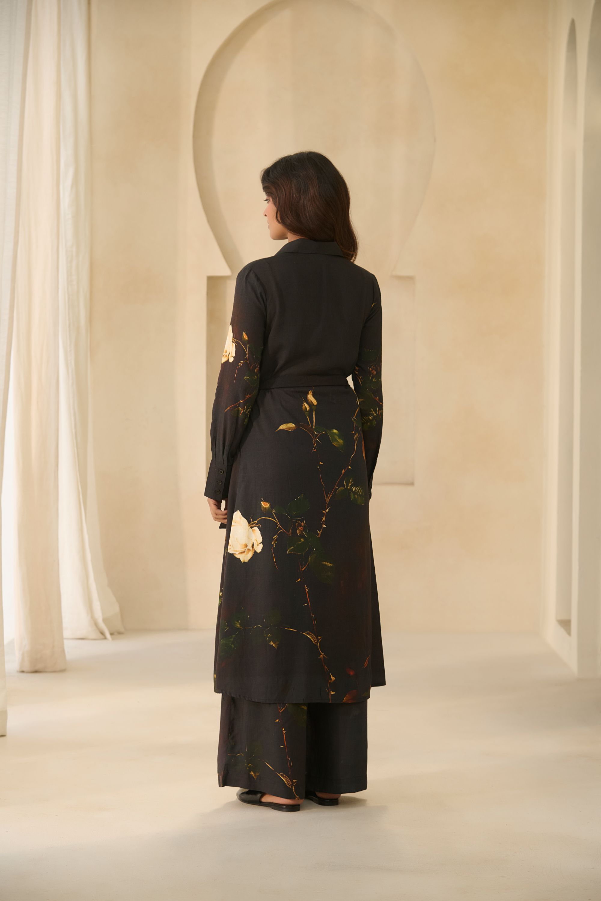 Floral Print Longline Shirt & Wide-Leg Trouser Set 
in Charcoal.