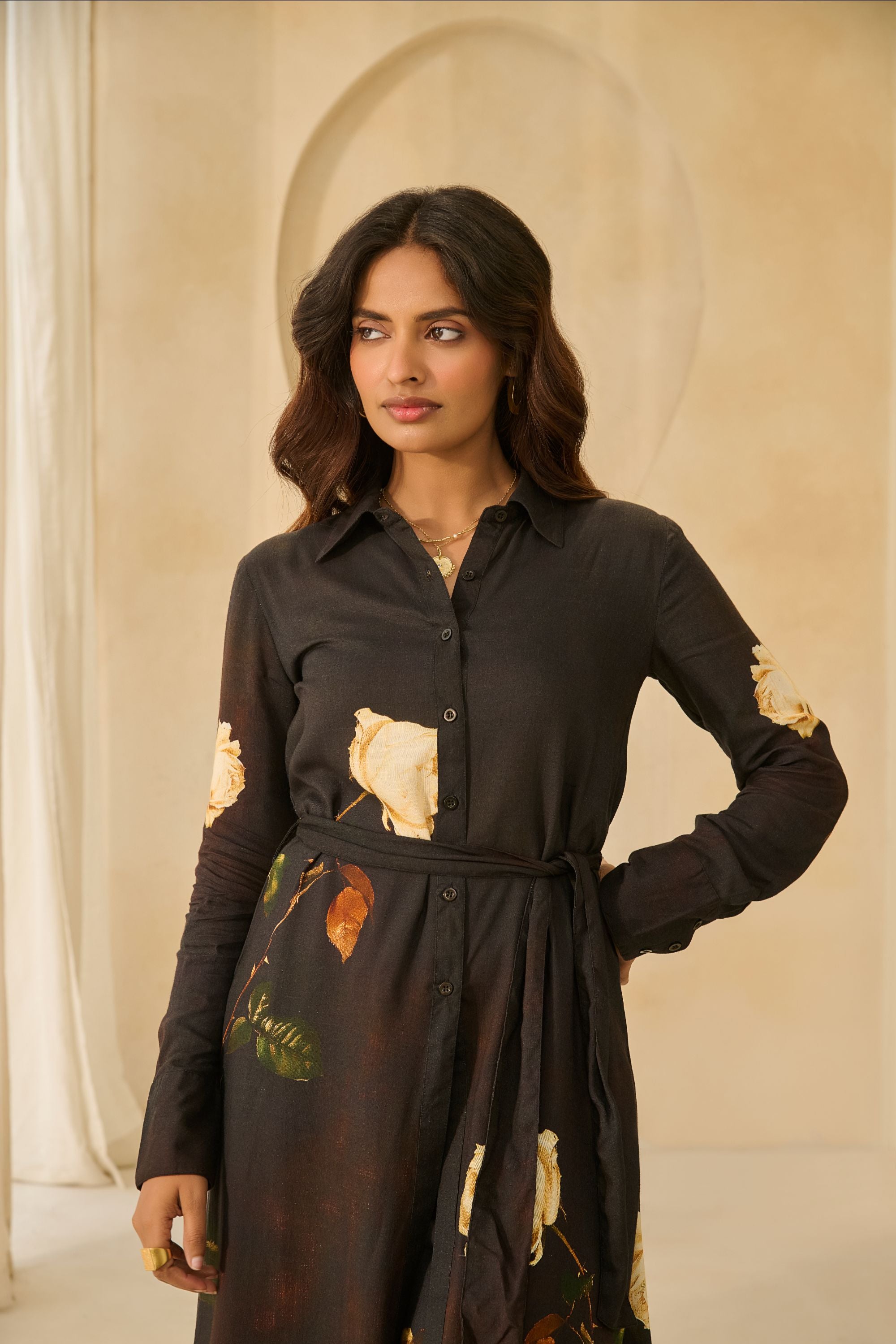 Floral Print Longline Shirt & Wide-Leg Trouser Set 
in Charcoal.