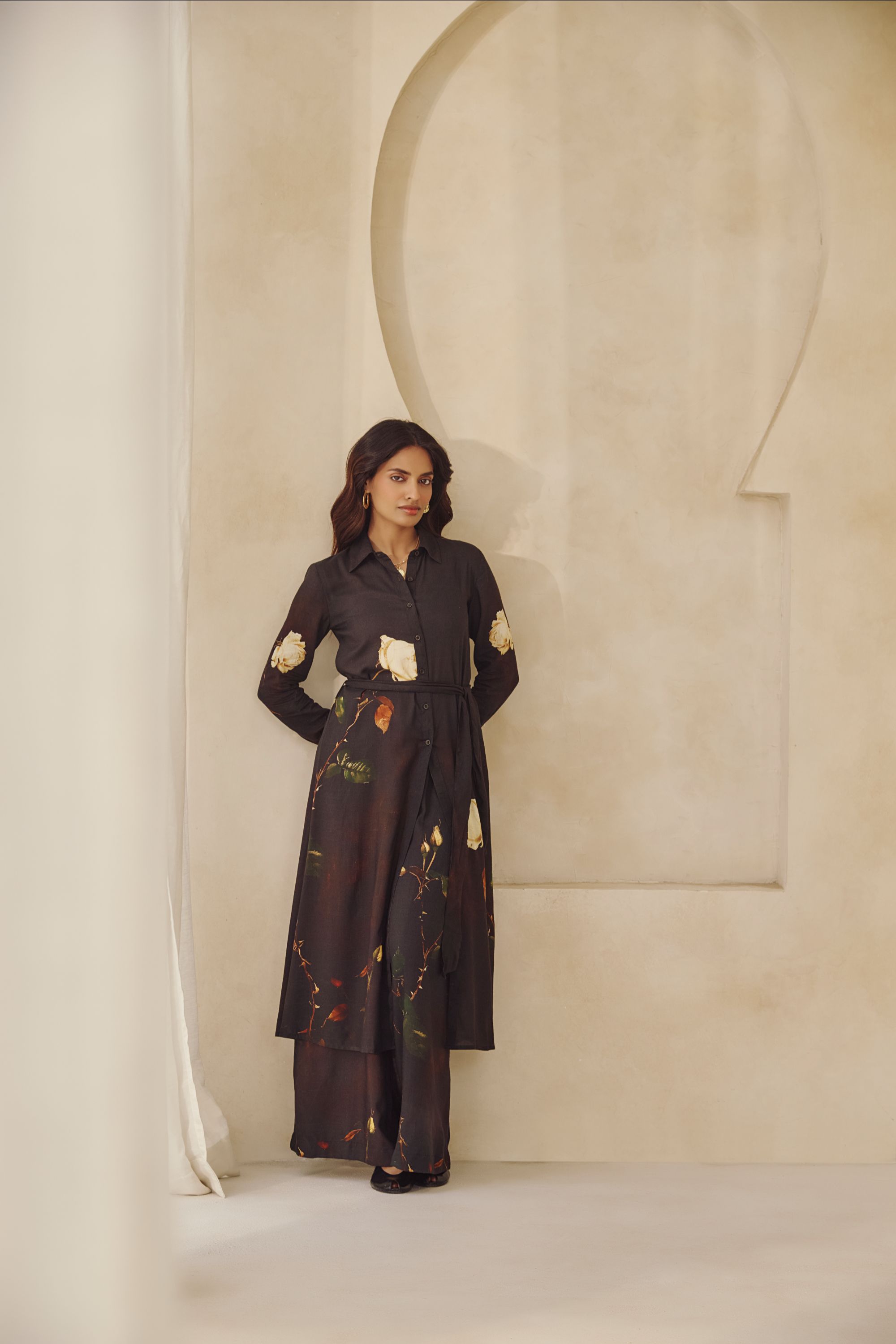 Floral Print Longline Shirt & Wide-Leg Trouser Set 
in Charcoal.