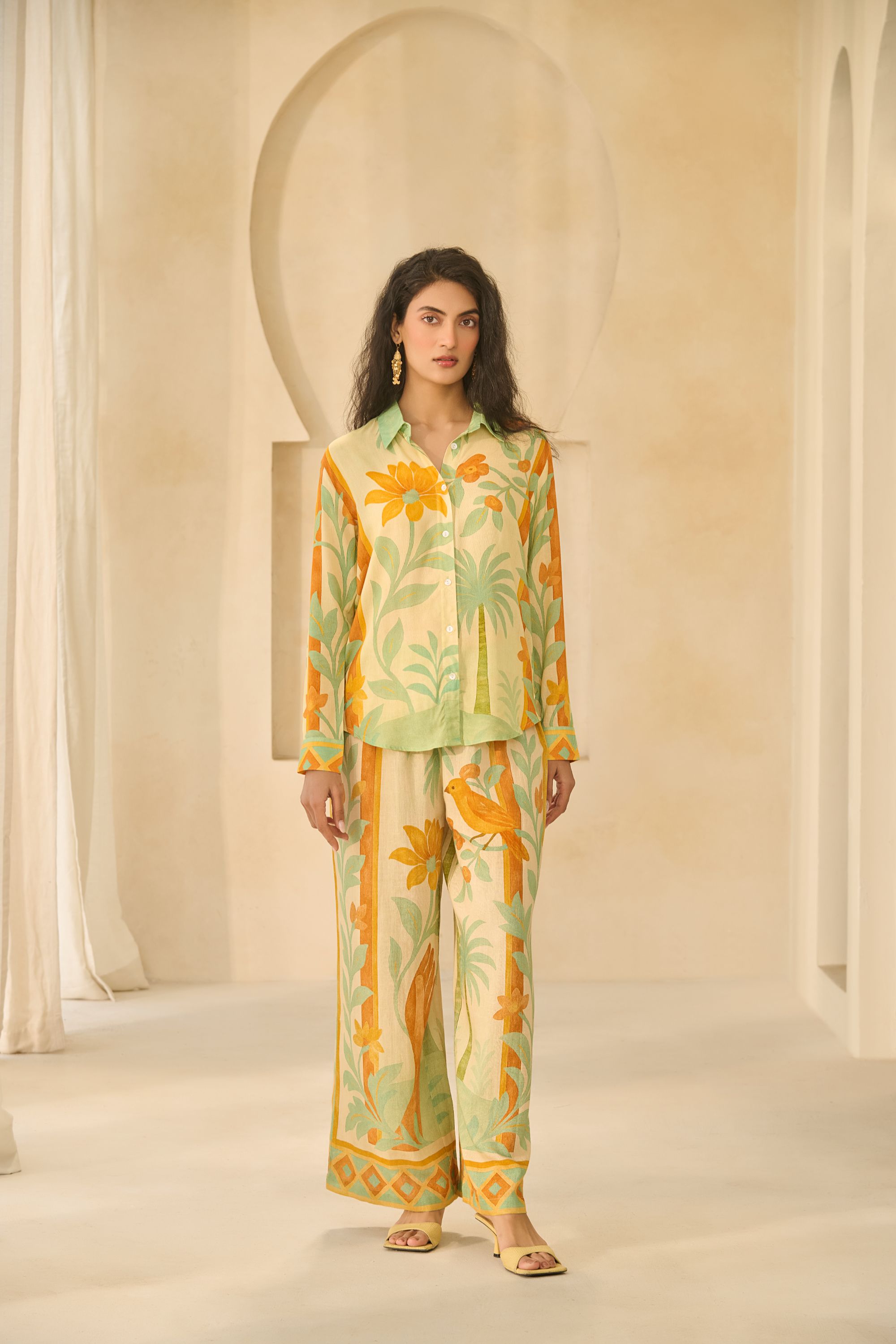 Printed Button-Down Co-ord with Border Detail.