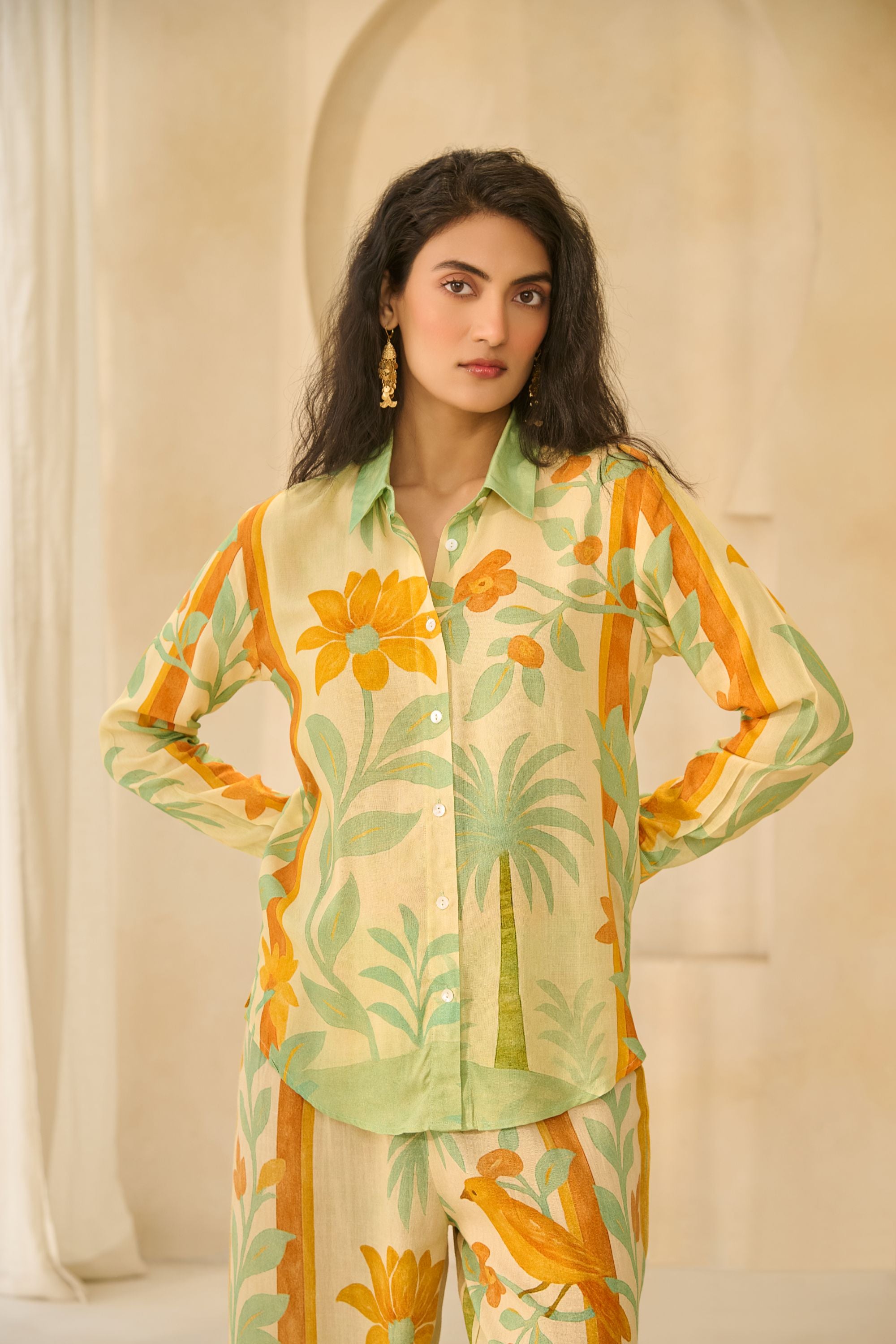 Printed Button-Down Co-ord with Border Detail.