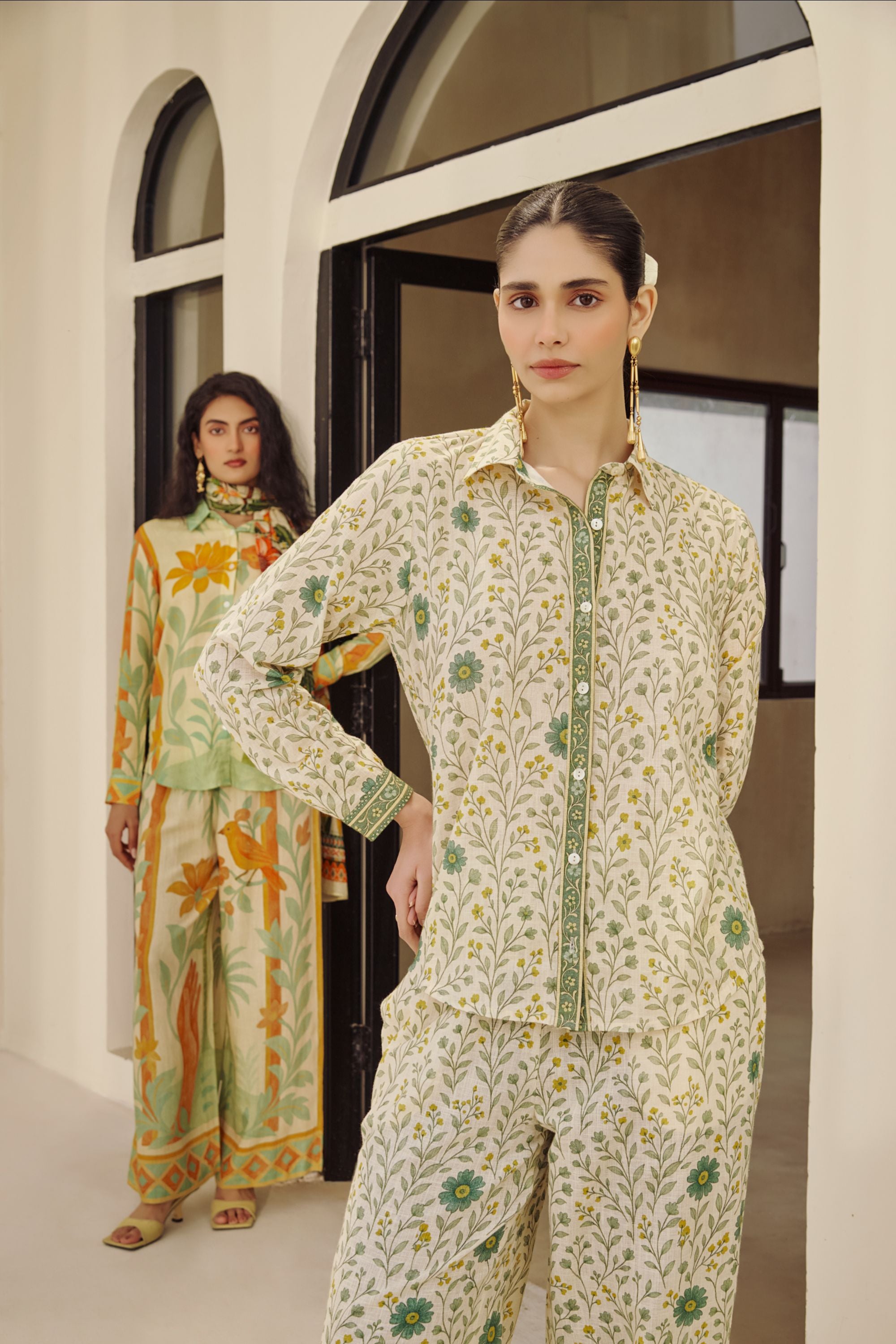 Printed Button-Down Co-ord with Border Detail.