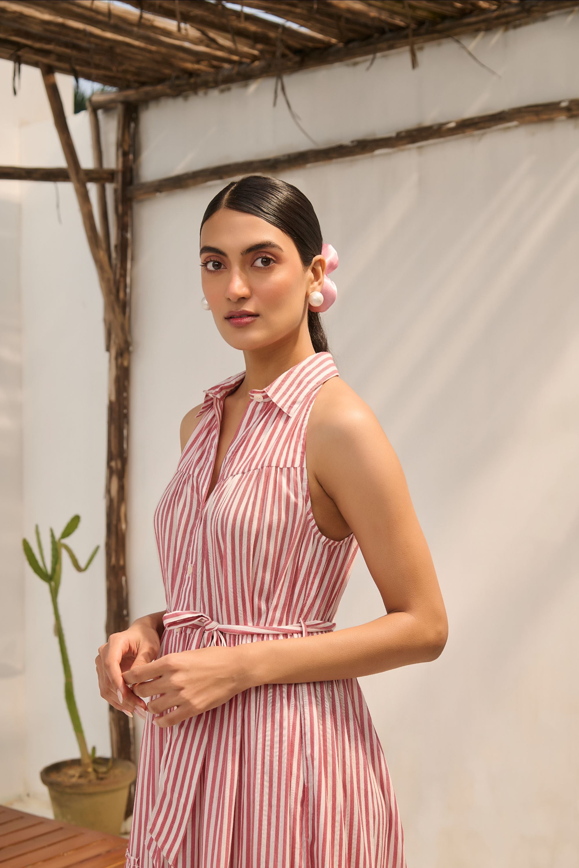 The Floral-Bordered Striped Cotton Maxi.