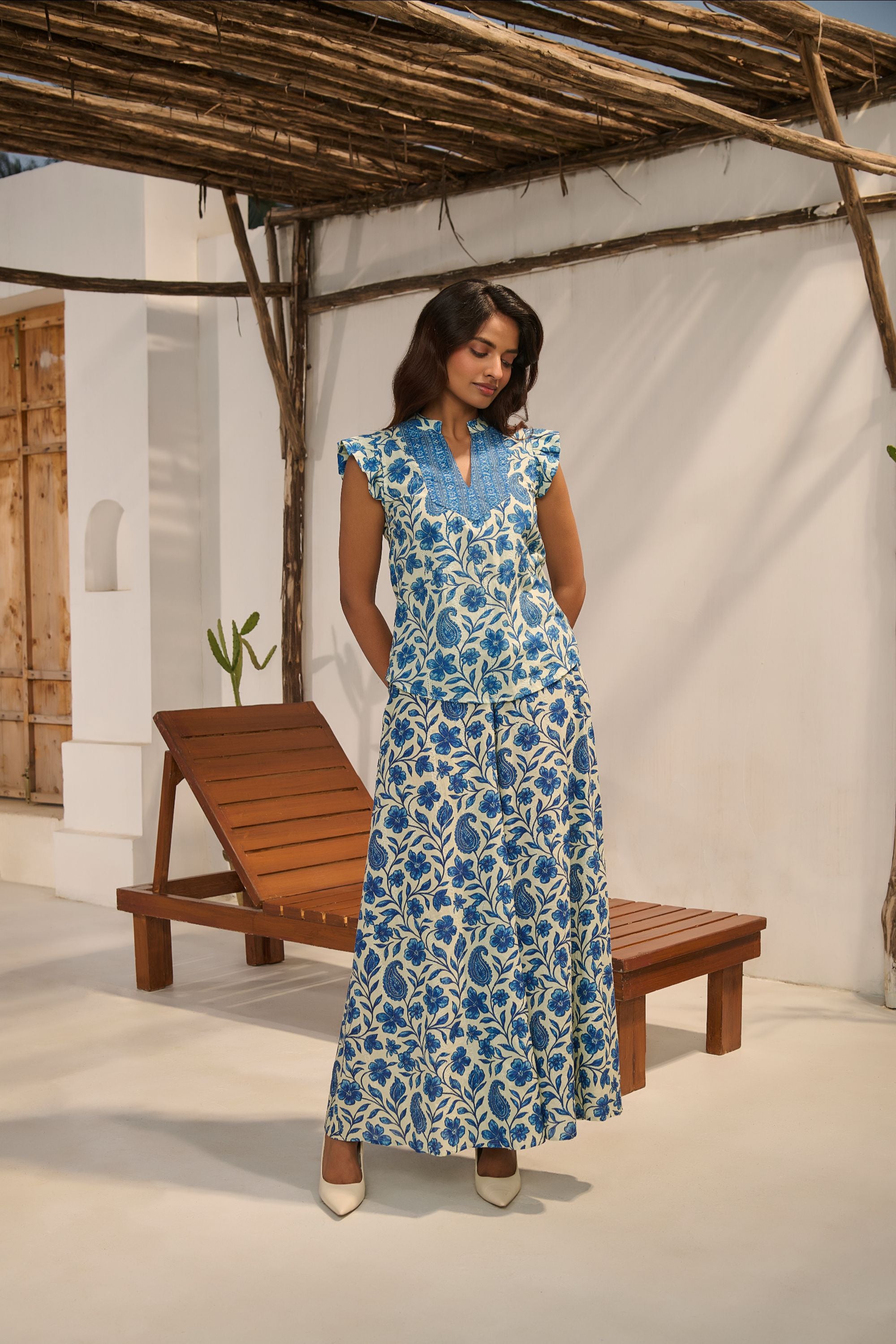 Women's Blue Floral & Paisley Print Co-ord Set