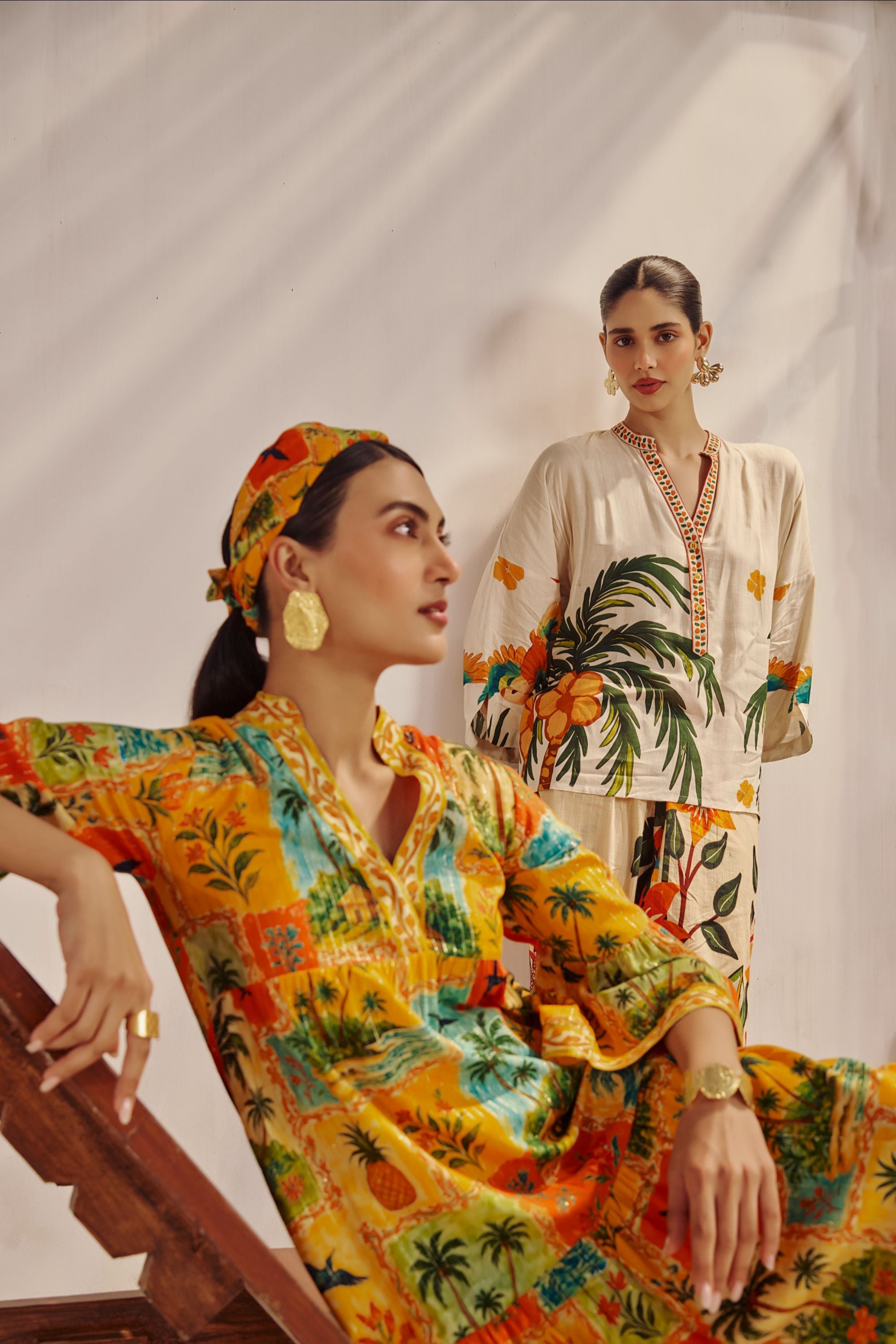 Mustard Tropical Landscape Printed Maxi Dress.