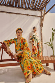 Mustard Tropical Landscape Printed Maxi Dress.