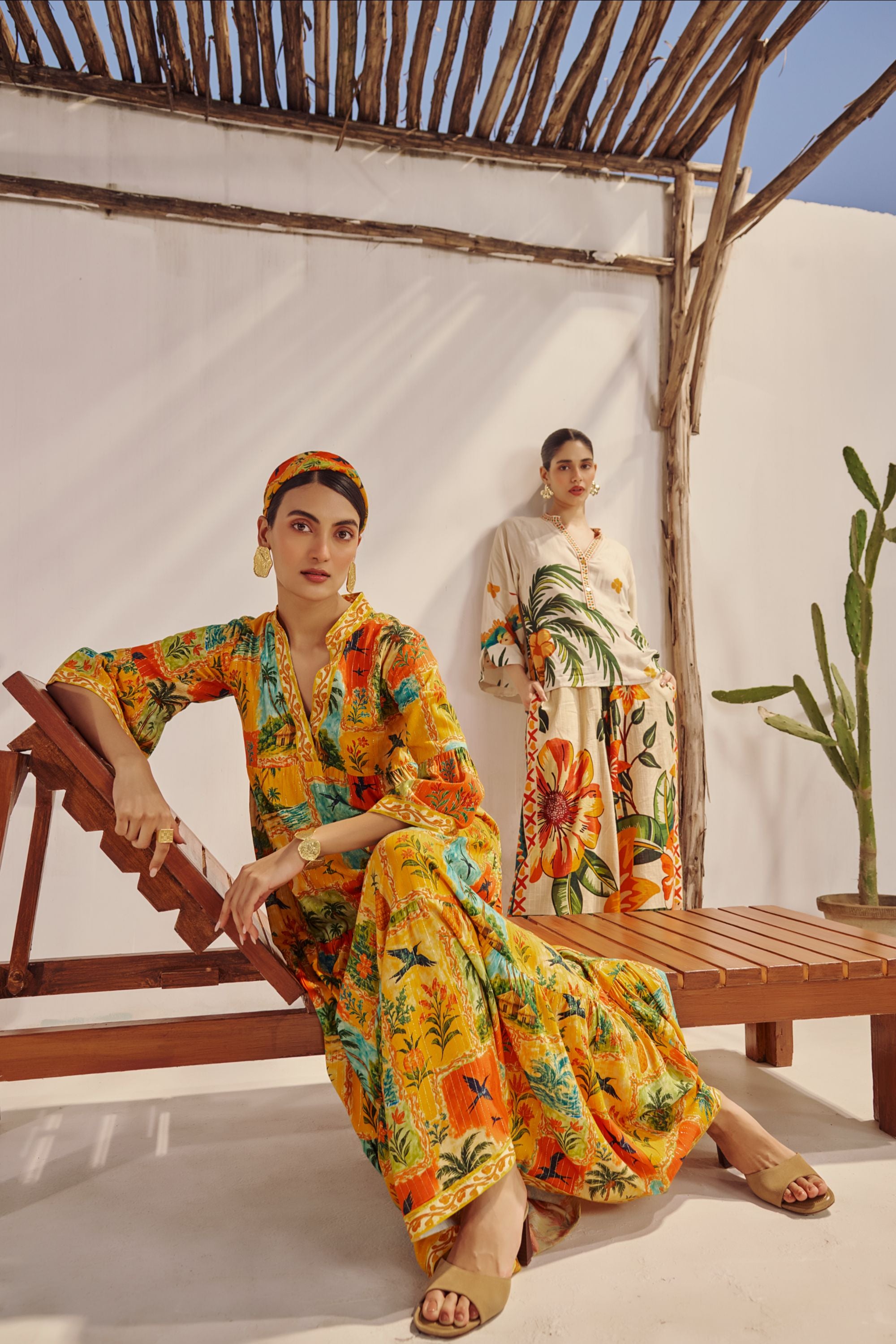 Mustard Tropical Landscape Printed Maxi Dress.