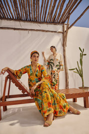 Mustard Tropical Landscape Printed Maxi Dress.